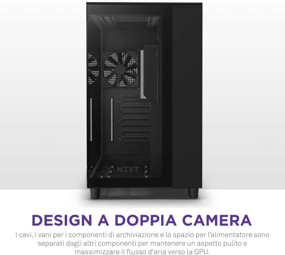 کیس گیمینگ NZXT H9 Flow Dual-Chamber ATX Mid-Tower PC مدل CM-H91FB-01 - پنل بالایی مشبک با جریان هوای بالا، پنل های جلویی و جانبی شیشه ای حرارت دیده، پشتیبانی از رادیاتور 360 میلی متری، مدیریت کابل