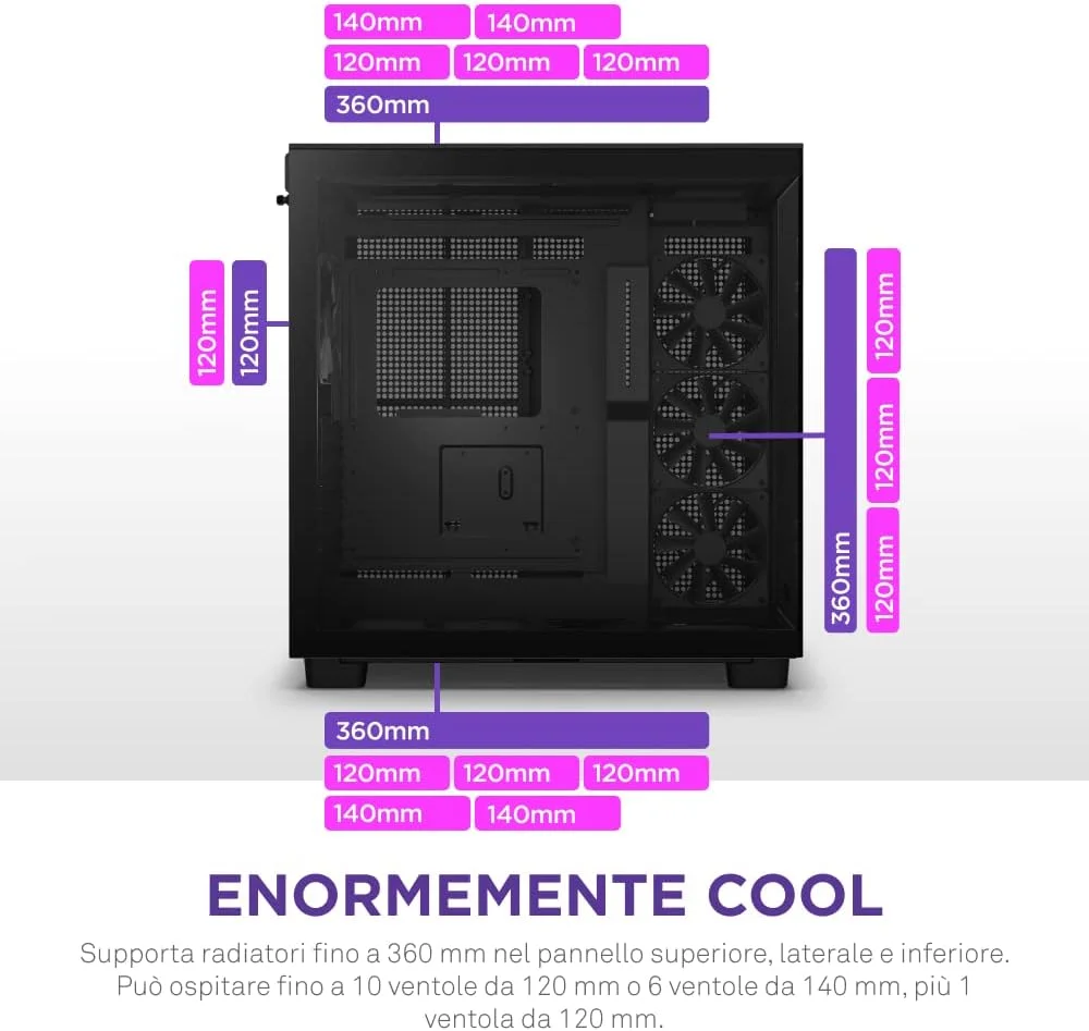 کیس گیمینگ NZXT H9 Flow Dual-Chamber ATX Mid-Tower PC مدل CM-H91FB-01 - پنل بالایی مشبک با جریان هوای بالا، پنل های جلویی و جانبی شیشه ای حرارت دیده، پشتیبانی از رادیاتور 360 میلی متری، مدیریت کابل