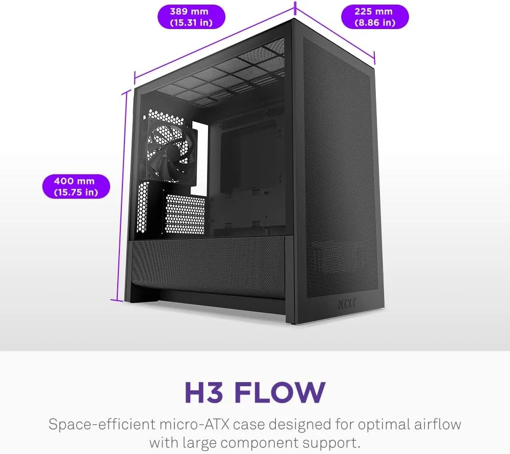 کیس کامپیوتر NZXT H3 Flow – Micro-ATX – جریان هوای بهینه – شامل 1 عدد فن 120 میلی‌متری پشتی – پشتیبانی از کارت گرافیک‌های اندازه کامل – قابلیت نصب رادیاتور 280 میلی‌متری در جلو، 240 میلی‌متری در بالا – اتصال پشتی مادربرد – مشکی
