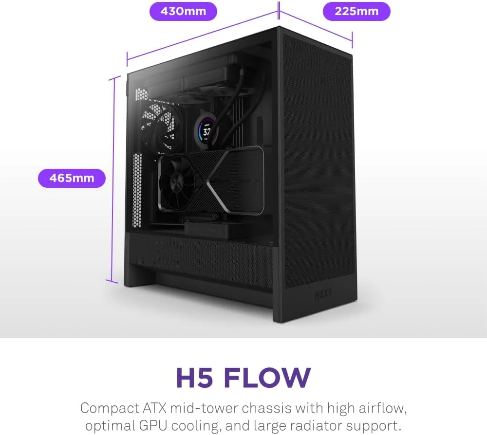 کیس کامپیوتر گیمینگ NZXT H5 Flow 2024 - مید تاور ATX جمع و جور - جریان هوای بالا - دارای 2 فن 120 میلی متری - پشتیبانی از رادیاتور 360 میلی متری در جلو و 240 میلی متری در بالا - سیستم مدیریت کابل - شیشه حرارت دیده - مشکی