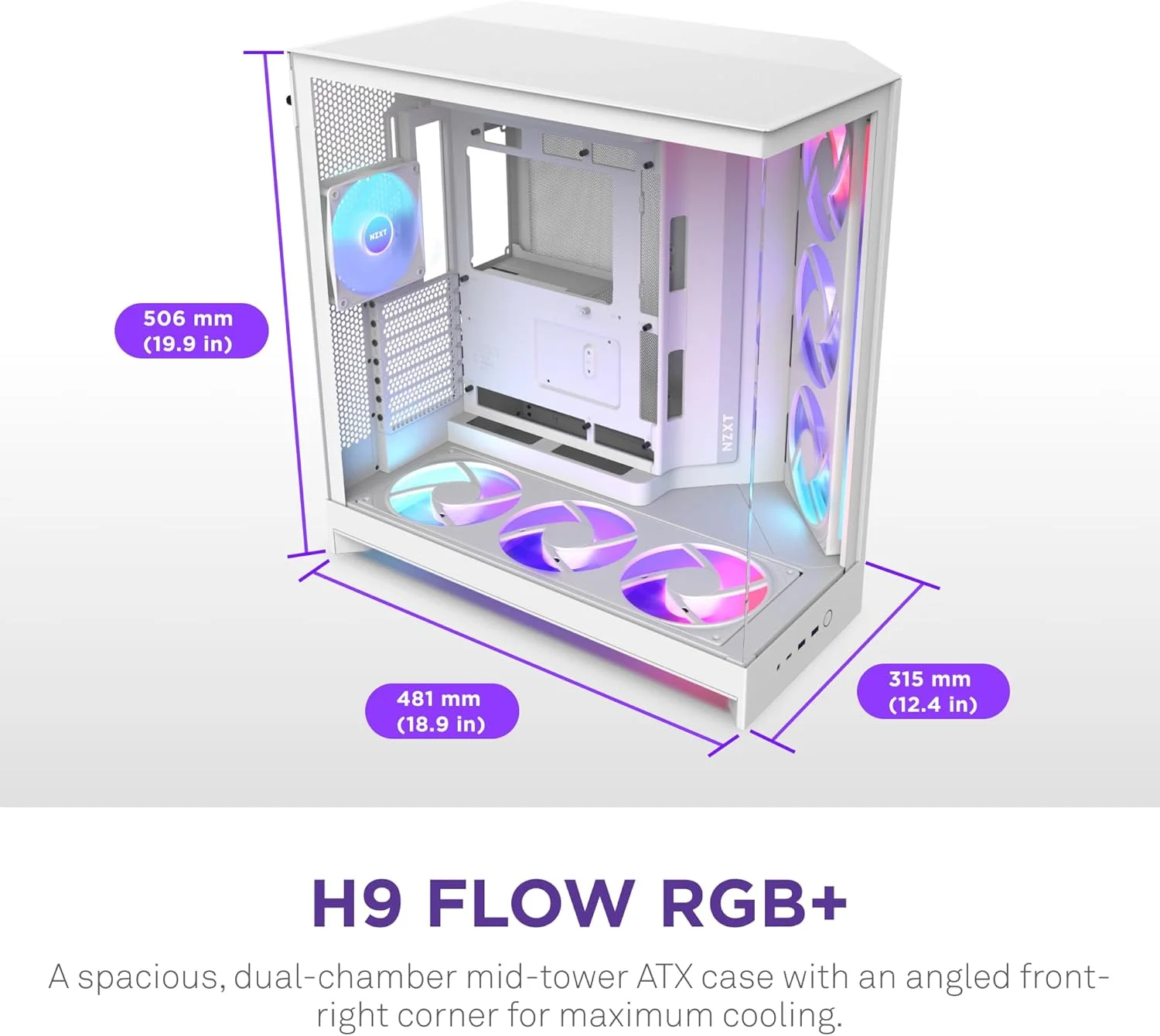 کیس مید تاور دو محفظه ای NZXT H9 Flow RGB+ (2025) با فن های RGB و کنترلر - تمام سفید