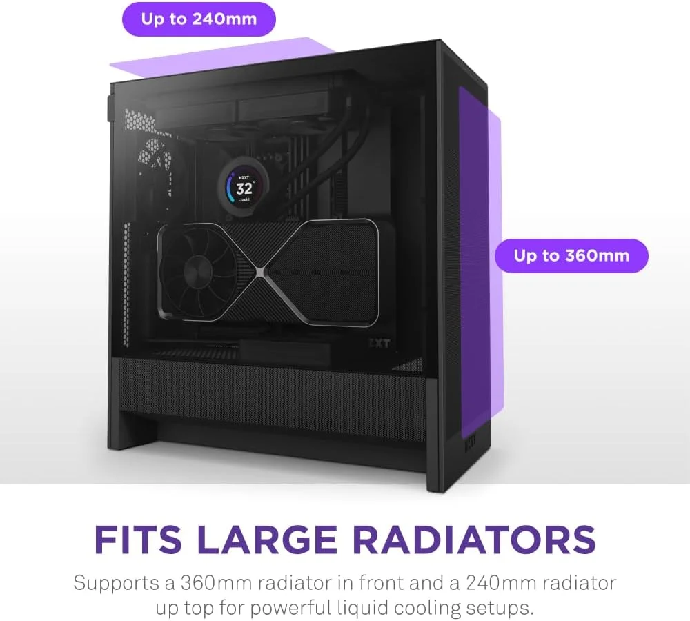 کیس کامپیوتر گیمینگ NZXT H5 Flow 2024 - مید تاور ATX جمع و جور - جریان هوای بالا - دارای 2 فن 120 میلی متری - پشتیبانی از رادیاتور 360 میلی متری در جلو و 240 میلی متری در بالا - سیستم مدیریت کابل - شیشه حرارت دیده - مشکی