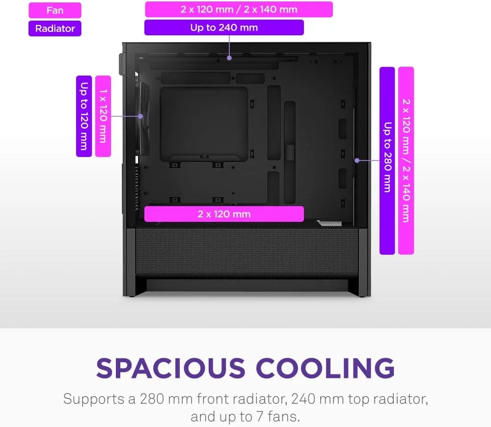 کیس کامپیوتر NZXT H3 Flow – Micro-ATX – جریان هوای بهینه – شامل 1 عدد فن 120 میلی‌متری پشتی – پشتیبانی از کارت گرافیک‌های اندازه کامل – قابلیت نصب رادیاتور 280 میلی‌متری در جلو، 240 میلی‌متری در بالا – اتصال پشتی مادربرد – مشکی