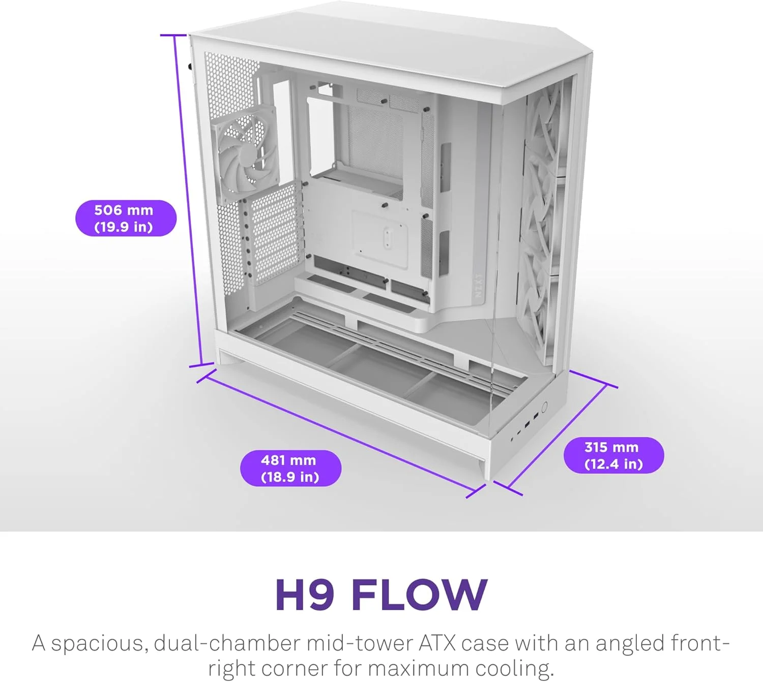 کیس کامپیوتر NZXT H9 Flow (2025) - کیس میدتاور ATX دو محفظه ای بزرگ با جریان هوای عالی - شامل 3 عدد فن 140 میلی متری و 1 عدد فن 120 میلی متری - پشتیبانی از رادیاتور 420 میلی متری - شیشه حرارت دیده - آماده اتصال پشتی - سفید