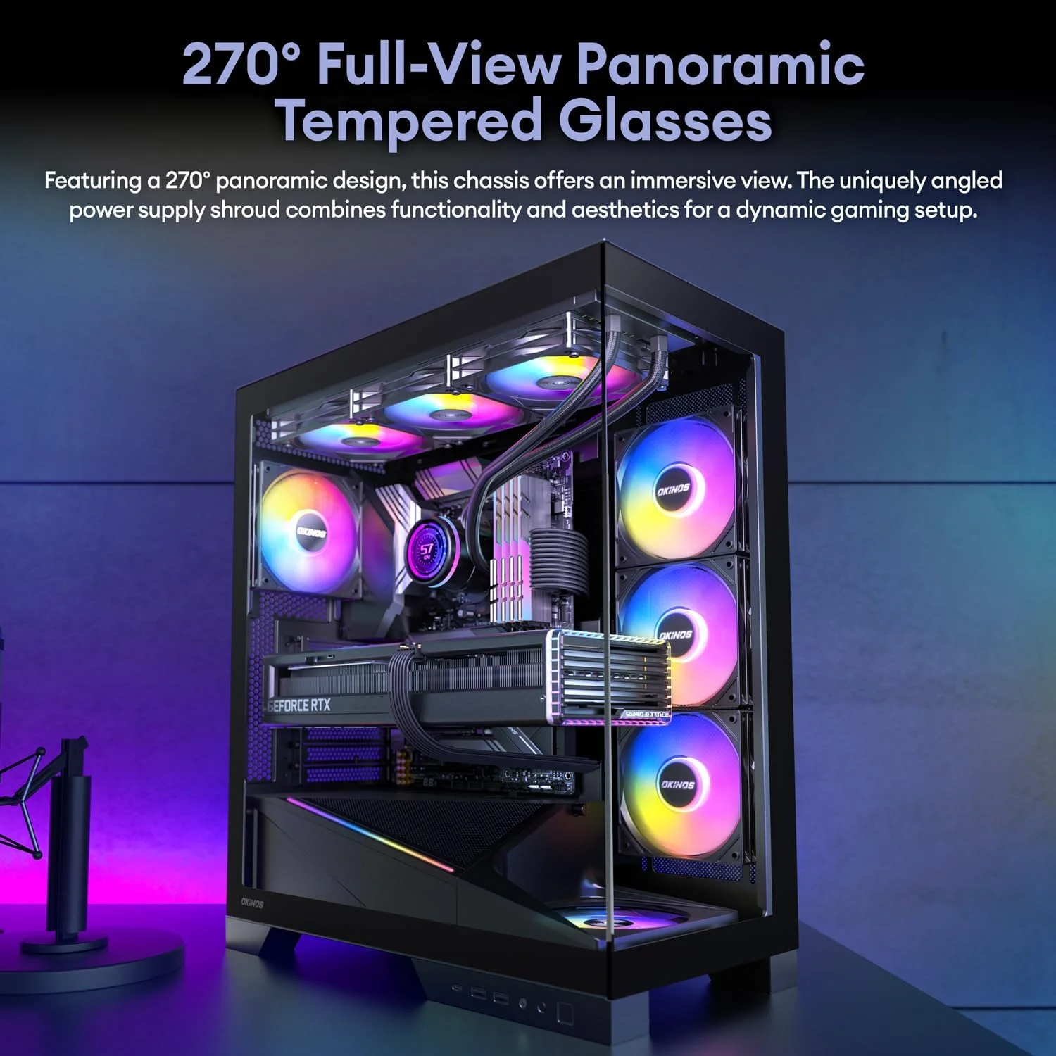 کیس کامپیوتر اوکینوس Aqua 9، ATX، دارای ۵ فن ۱۲۰ میلی‌متری ARGB PWM از پیش نصب شده، پشتیبانی از رادیاتور ۳۶۰ میلی‌متری دوگانه در بالا و کنار، سازگار با مادربرد Back-Connect، کیس کامپیوتر Mid Tower، پورت Type C، مشکی
