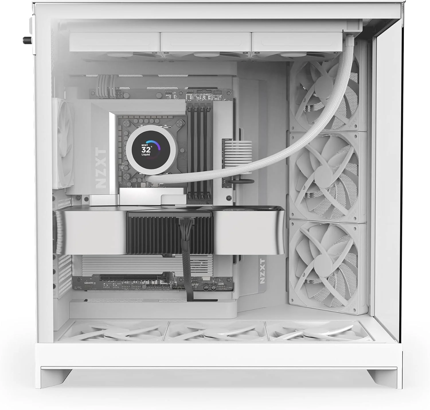 کیس کامپیوتر NZXT H9 Flow (2025) - کیس میدتاور ATX دو محفظه ای بزرگ با جریان هوای عالی - شامل 3 عدد فن 140 میلی متری و 1 عدد فن 120 میلی متری - پشتیبانی از رادیاتور 420 میلی متری - شیشه حرارت دیده - آماده اتصال پشتی - سفید