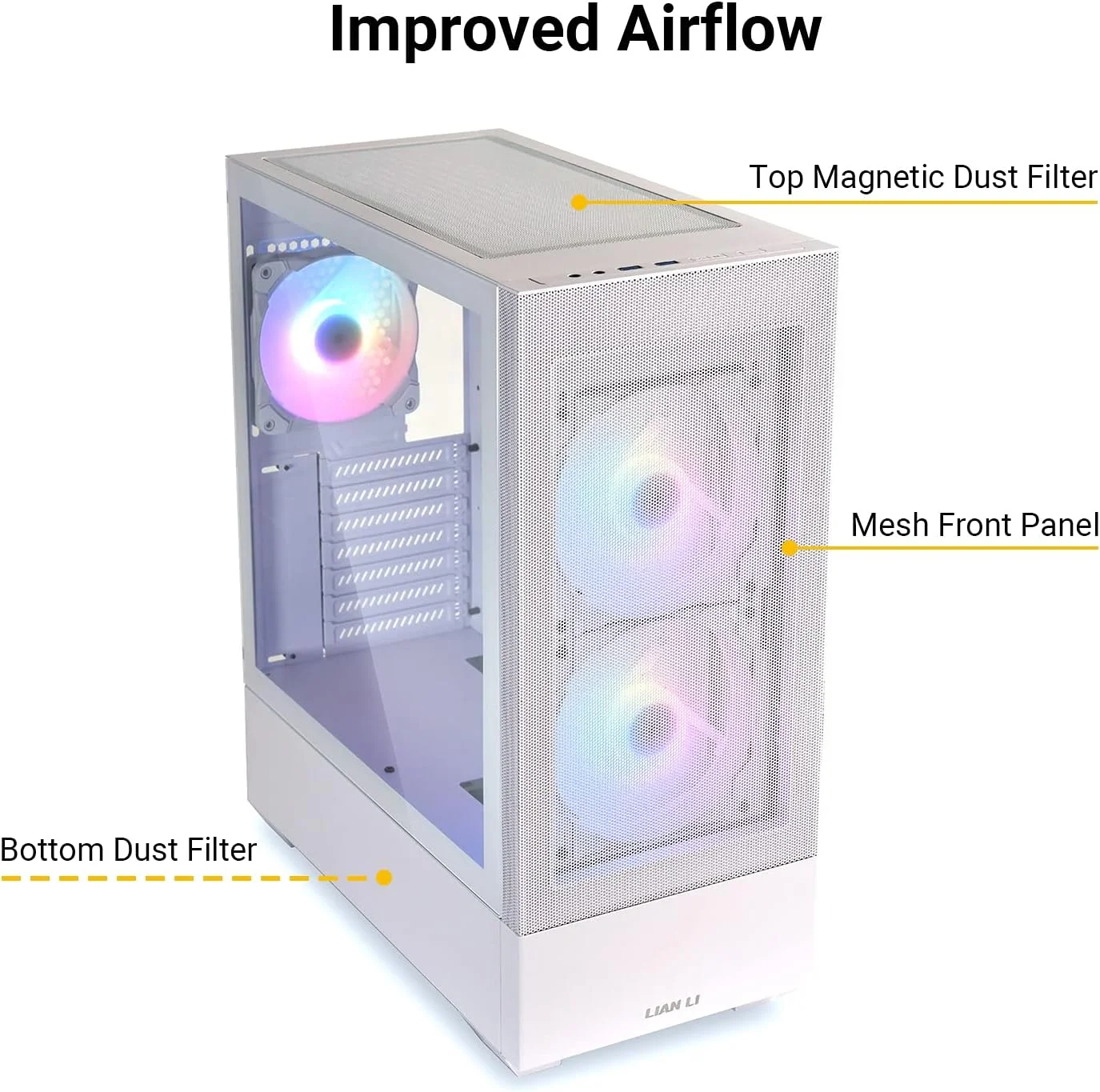 کیس کامپیوتر LIAN LI Mesh Airflow ATX، کیس گیمینگ Mid-Tower با 3 فن ARGB PWM از پیش نصب شده، پنل جلویی مشبک، پنل جانبی شیشه ای حرارت دیده، آماده برای خنک کننده مایع (LANCOOL 205 MESH، سفید)