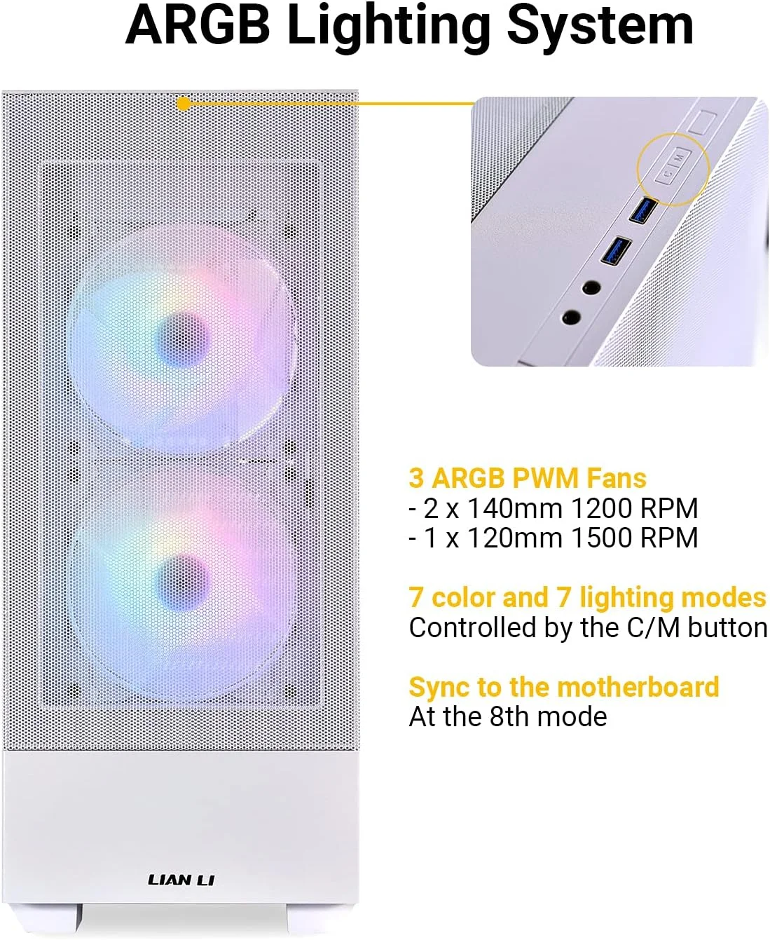 کیس کامپیوتر LIAN LI Mesh Airflow ATX، کیس گیمینگ Mid-Tower با 3 فن ARGB PWM از پیش نصب شده، پنل جلویی مشبک، پنل جانبی شیشه ای حرارت دیده، آماده برای خنک کننده مایع (LANCOOL 205 MESH، سفید)