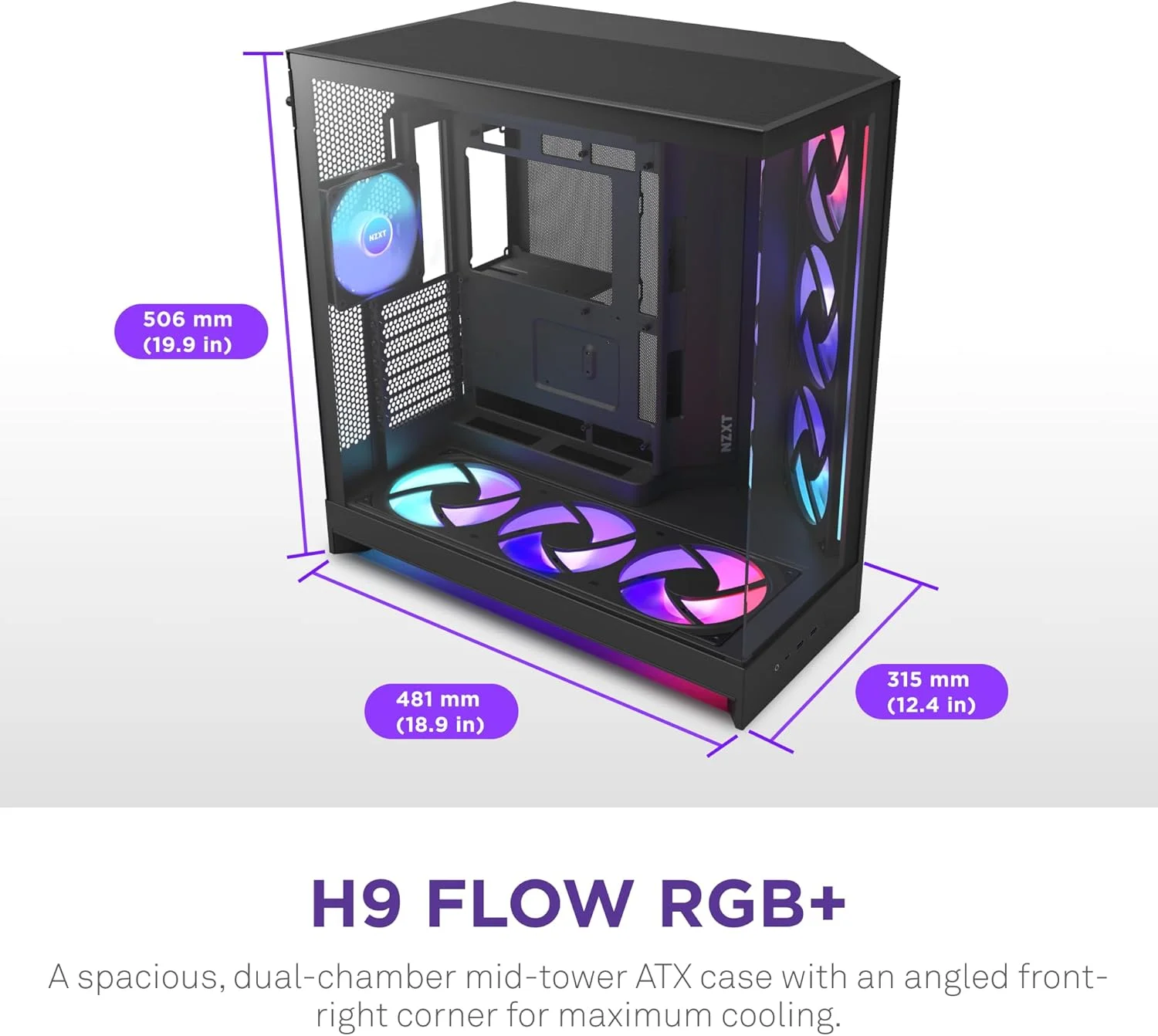 کیس کامپیوتر NZXT H9 Flow RGB+ (2025) - کیس Mid-Tower ATX دو محفظه ای بزرگ با جریان هوای عالی - شامل 7 فن RGB (6 عدد 140 میلی متری، 1 عدد 120 میلی متری) و هاب کنترل - پشتیبانی از رادیاتور 420 میلی متری - آماده اتصال از پشت - مشکی