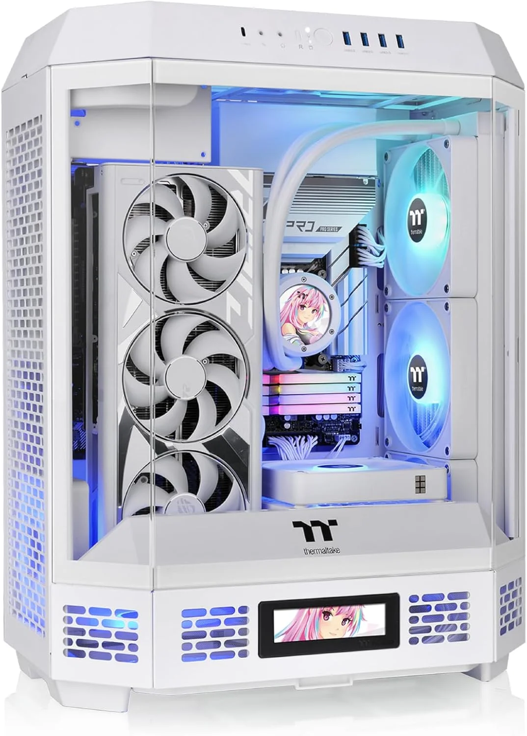 کیس Thermaltake The Tower 600 Snow Mid-Tower ATX; دارای 3 پنل شیشه ای حرارت دیده; پشتیبانی از مادربرد با کانکتور مخفی; اسلات های PCI-e چرخشی; CA-1Z1-00M6WN-00