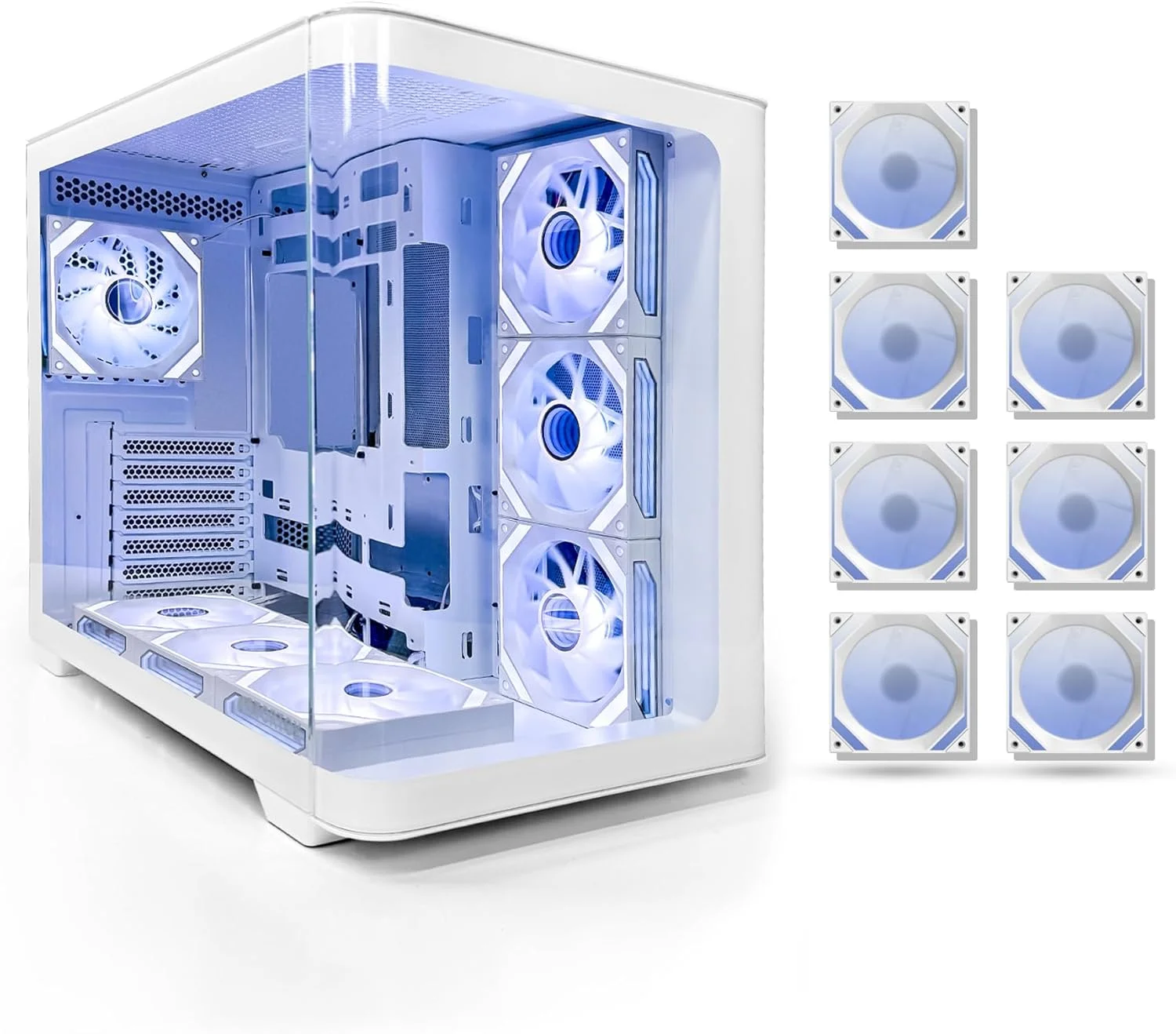 کیس کامپیوتر گیمینگ Curvo ATX/M-ATX/ITX با 7 فن 120 میلی‌متری ARGB PWM، پشتیبانی از رادیاتور 360 میلی‌متری، پورت USB Type-C و 3 اسلات SSD (سفید)