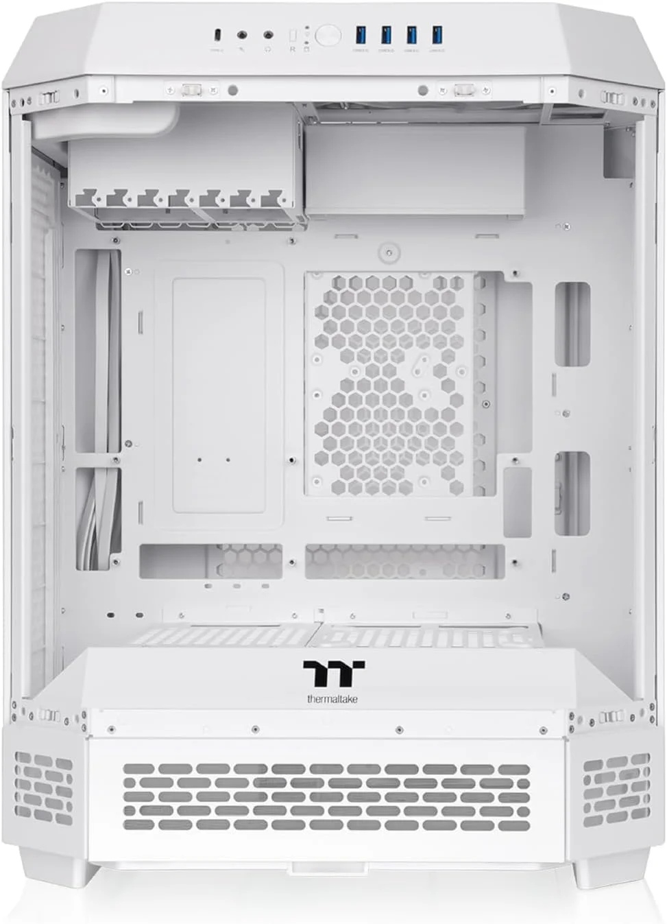 کیس Thermaltake The Tower 600 Snow Mid-Tower ATX; دارای 3 پنل شیشه ای حرارت دیده; پشتیبانی از مادربرد با کانکتور مخفی; اسلات های PCI-e چرخشی; CA-1Z1-00M6WN-00