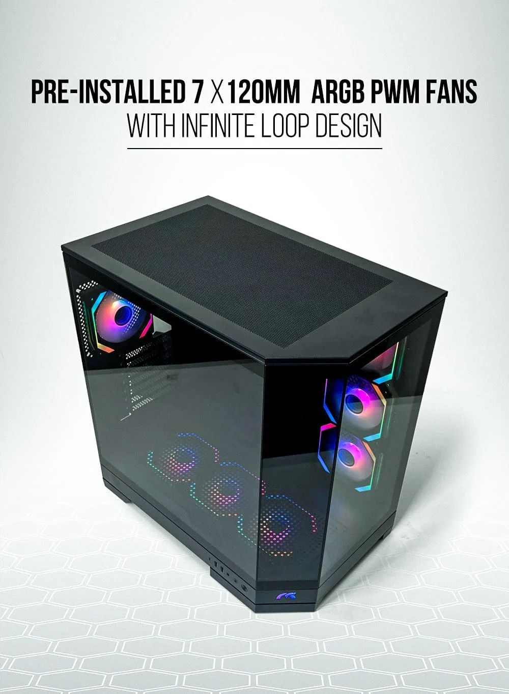 کیس کامپیوتر گیمینگ Tortox Prism با پنل شیشه ای سه گانه، پشتیبانی از مادربردهای ATX/M-ATX، دارای 7 فن ARGB PWM، پورت USB Type-C، پشتیبانی از رادیاتور 360 میلی متری، 7 اسلات توسعه، دارای پایه نگهدارنده کارت گرافیک - کیس گیمینگ (مشکی)