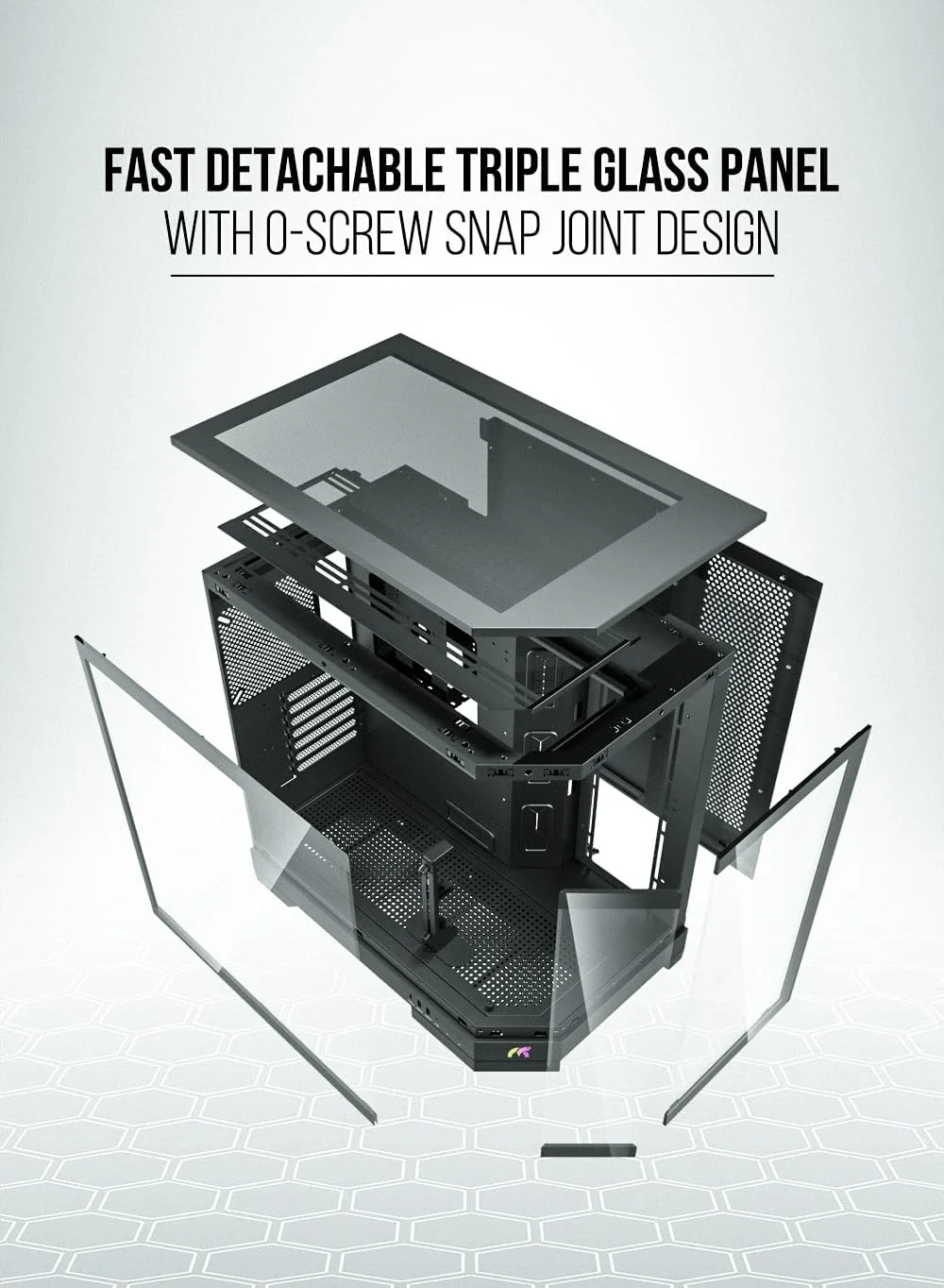کیس کامپیوتر گیمینگ Tortox Prism با پنل شیشه ای سه گانه، پشتیبانی از مادربردهای ATX/M-ATX، دارای 7 فن ARGB PWM، پورت USB Type-C، پشتیبانی از رادیاتور 360 میلی متری، 7 اسلات توسعه، دارای پایه نگهدارنده کارت گرافیک - کیس گیمینگ (مشکی)