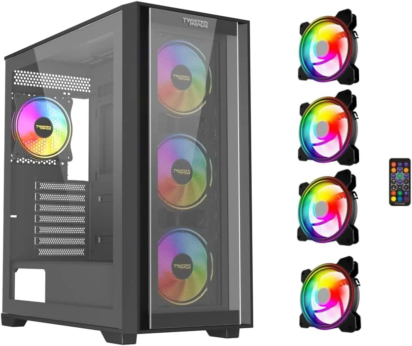 کیس مید تاور گیمینگ Twisted Minds Storm Rider-04 مناسب برای کامپیوتر، پشتیبانی از EATX/ATX/MATX/Mini-ITX، دارای 3 فن از پیش نصب شده، ظرفیت 10 فن، پنل کناری شیشه حرارت دیده، فیلترهای گرد و غبار مغناطیسی - مشکی