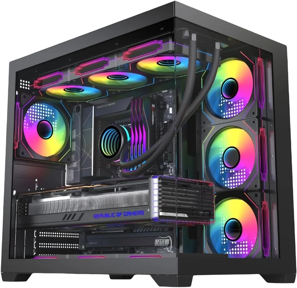 کیس کامپیوتر Tower با 5 فن ARGB Infiniti، شیشه حرارت دیده، سازگار با مادربرد ATX عریض (مشکی)