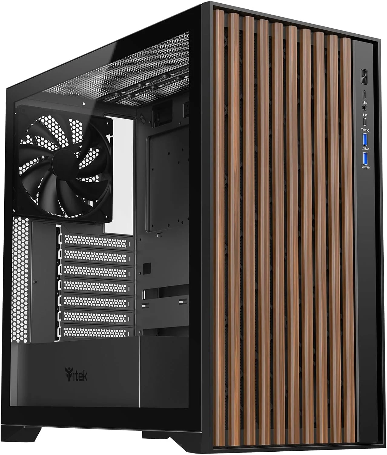کیس کامپیوتر Itek Woody ATX، 3 عدد فن 14 سانتی‌متری مشکی، 2 عدد USB3، Type-C، پنل جلویی چوبی، پنل جانبی شیشه حرارت دیده