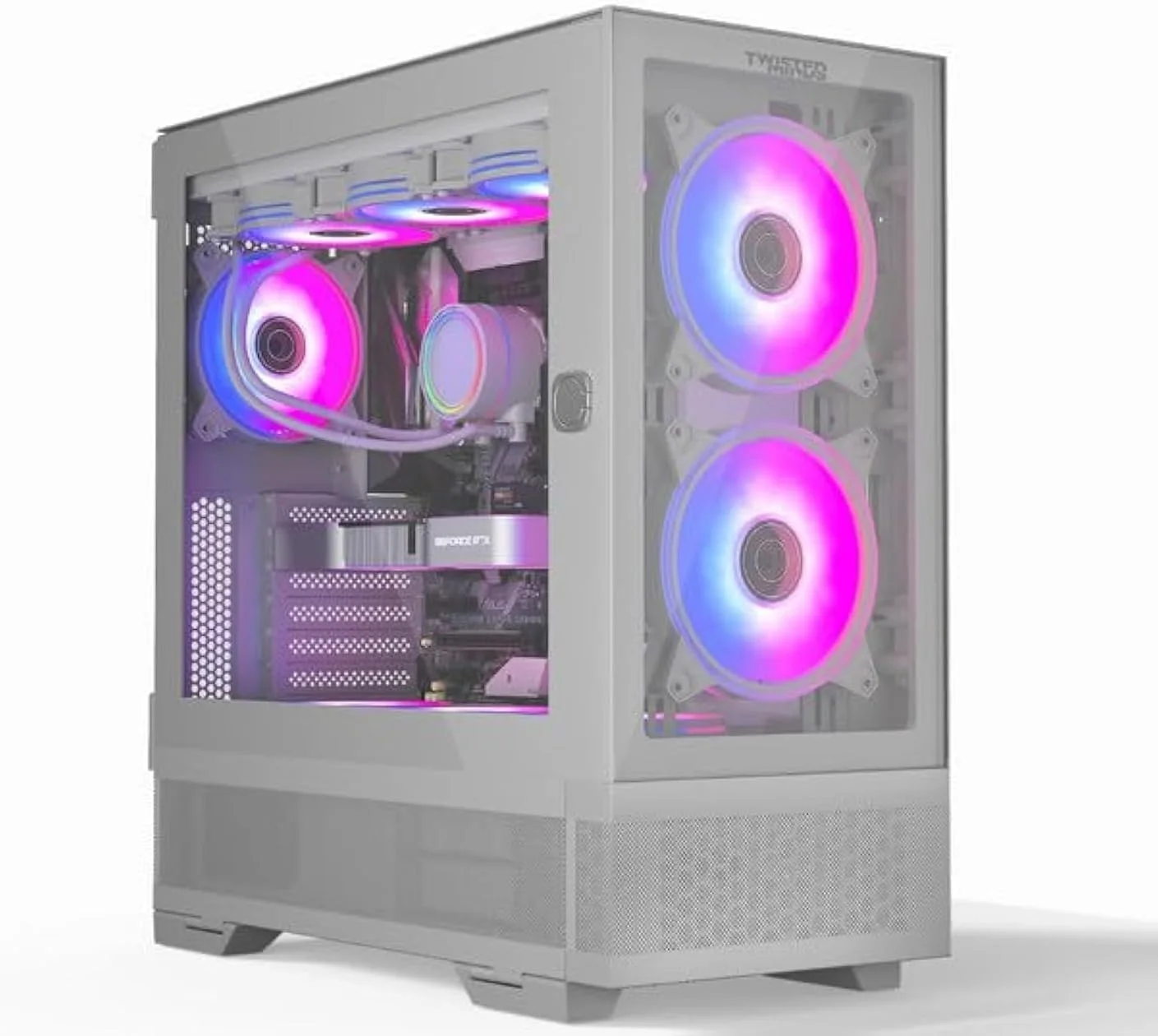 کیس کامپیوتر سفید مینیمالیستی Twisted Minds با پنل های شیشه ای حرارت دیده، فن های ARGB و اتصالات جامع - USB 3.0، Type C، فیلتر گرد و غبار - ایده آل برای گیمینگ و ایستگاه های کاری با عملکرد بالا
