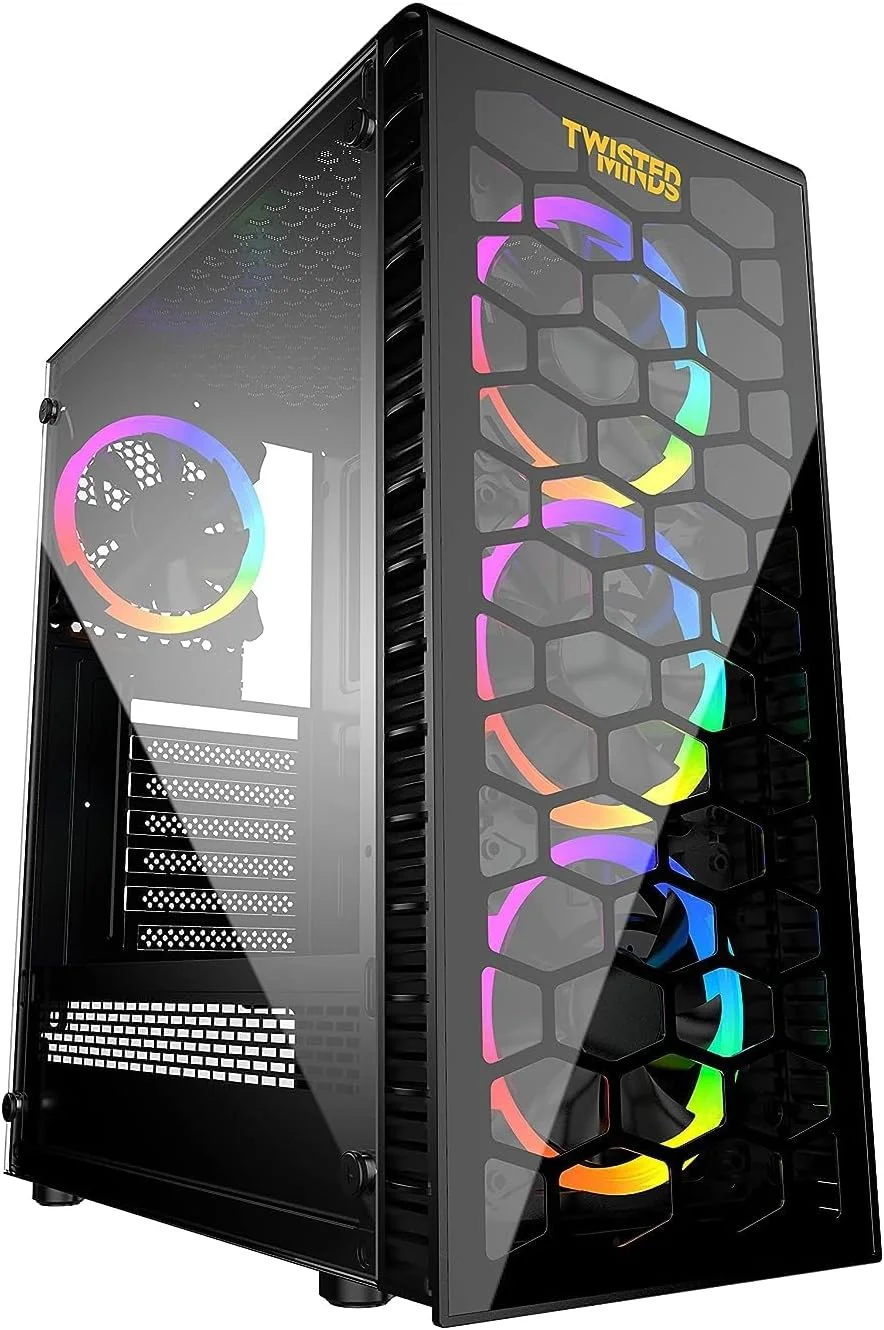 کیس کامپیوتر گیمینگ Twisted Minds Killstreak-03 ATX Mid Tower، دارای 6 فن 120 میلی‌متری ARGB LED، شامل 4 فن 120 میلی‌متری ARGB - همگام‌سازی با مادربرد، پنل جانبی شیشه‌ای حرارت‌دیده - مشکی