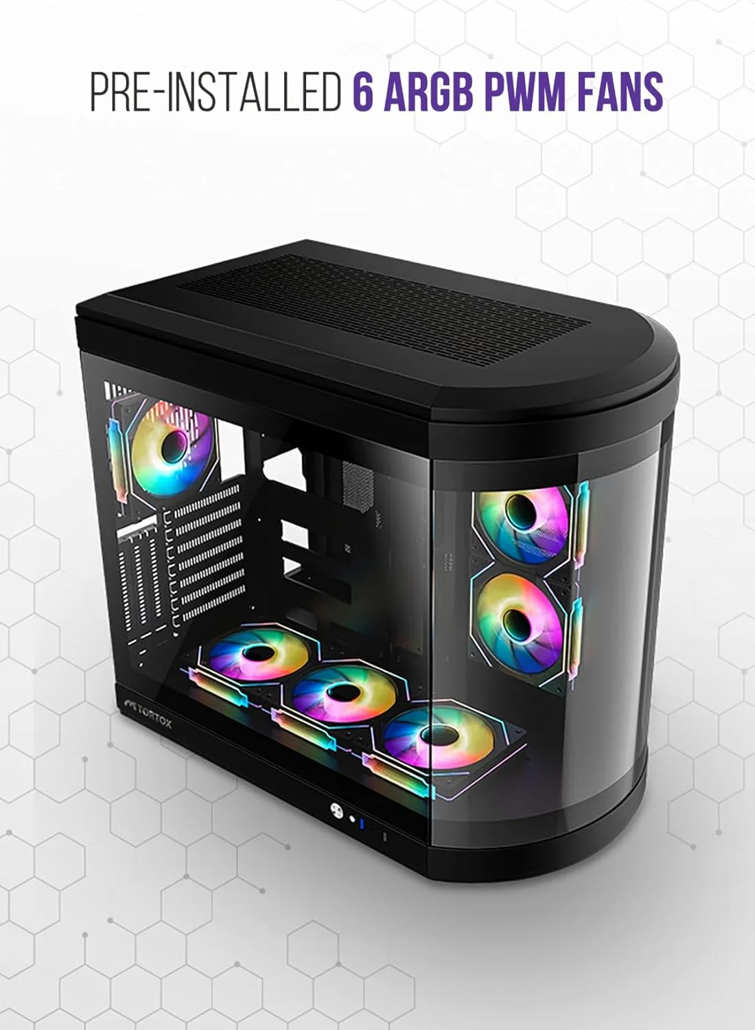 کیس کامپیوتر گیمینگ Tortox Vidrio با شیشه حرارت دیده خمیده، مناسب مادربردهای ATX/M-ATX/Mini-ITX، دارای 6 فن ARGB PWM از پیش نصب شده، پورت USB Type-C، پشتیبانی از رادیاتور 360 میلی‌متری، جریان هوای عالی (مشکی)