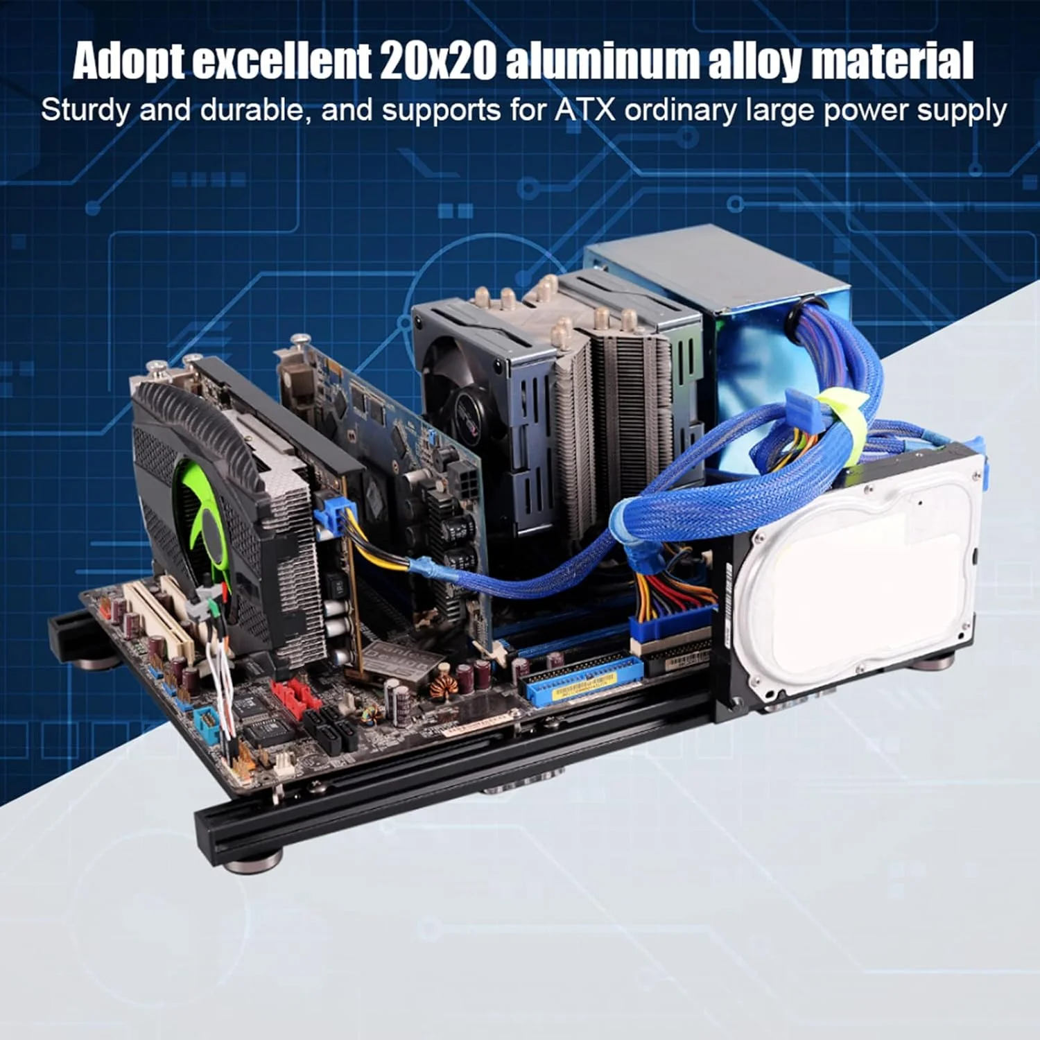 کیس باز کامپیوتر، شاسی کامپیوتر مینی باز آلیاژ آلومینیوم ATX مادربرد، طراحی قاب باز عملکرد اتلاف حرارت خوبی دارد، مونتاژ آسان برای ATX معمولی