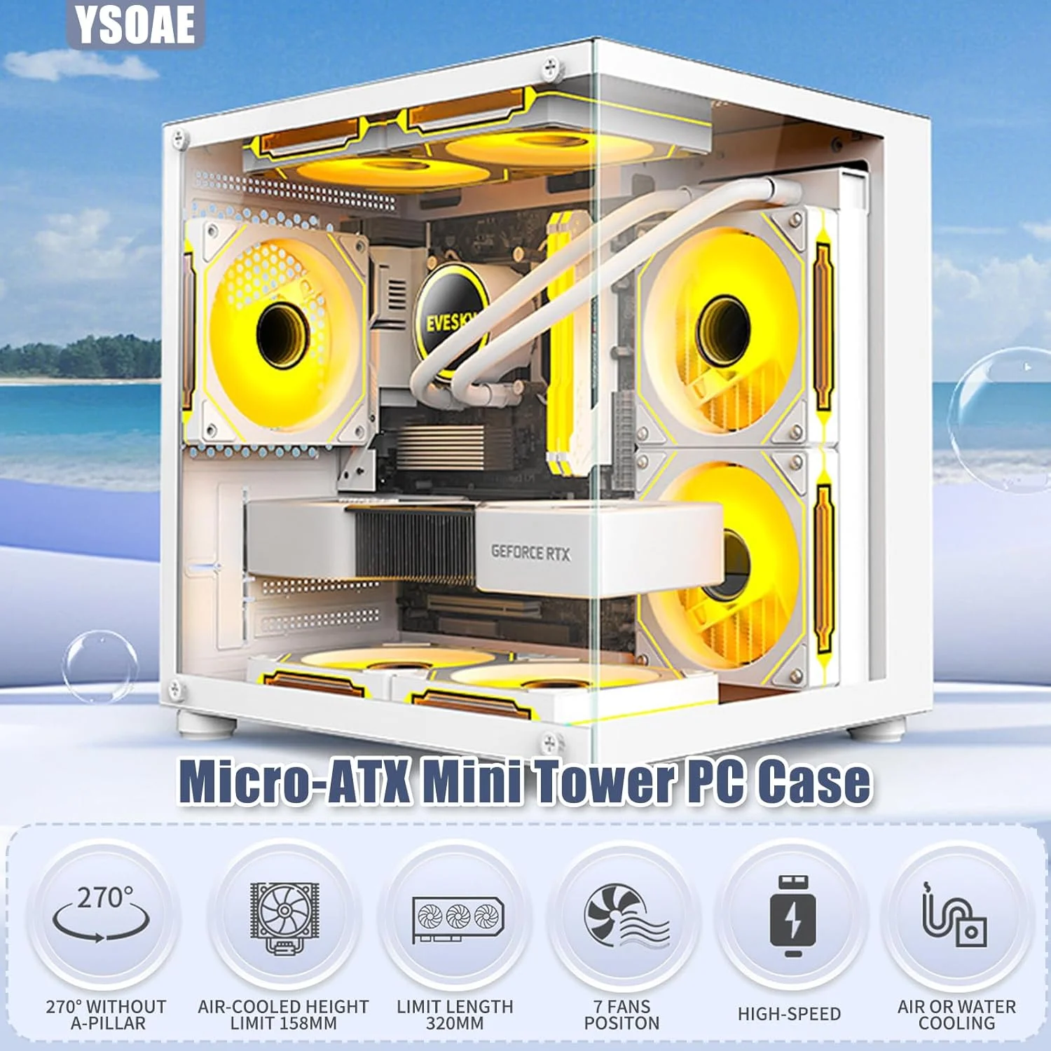 کیس کامپیوتر Mini-ITX/Micro-ATX، کیس های MINI-Tower PC، کیس برج کامپیوتر رومیزی شفاف شیشه ای کامل - فن شامل نمی شود (سفید)