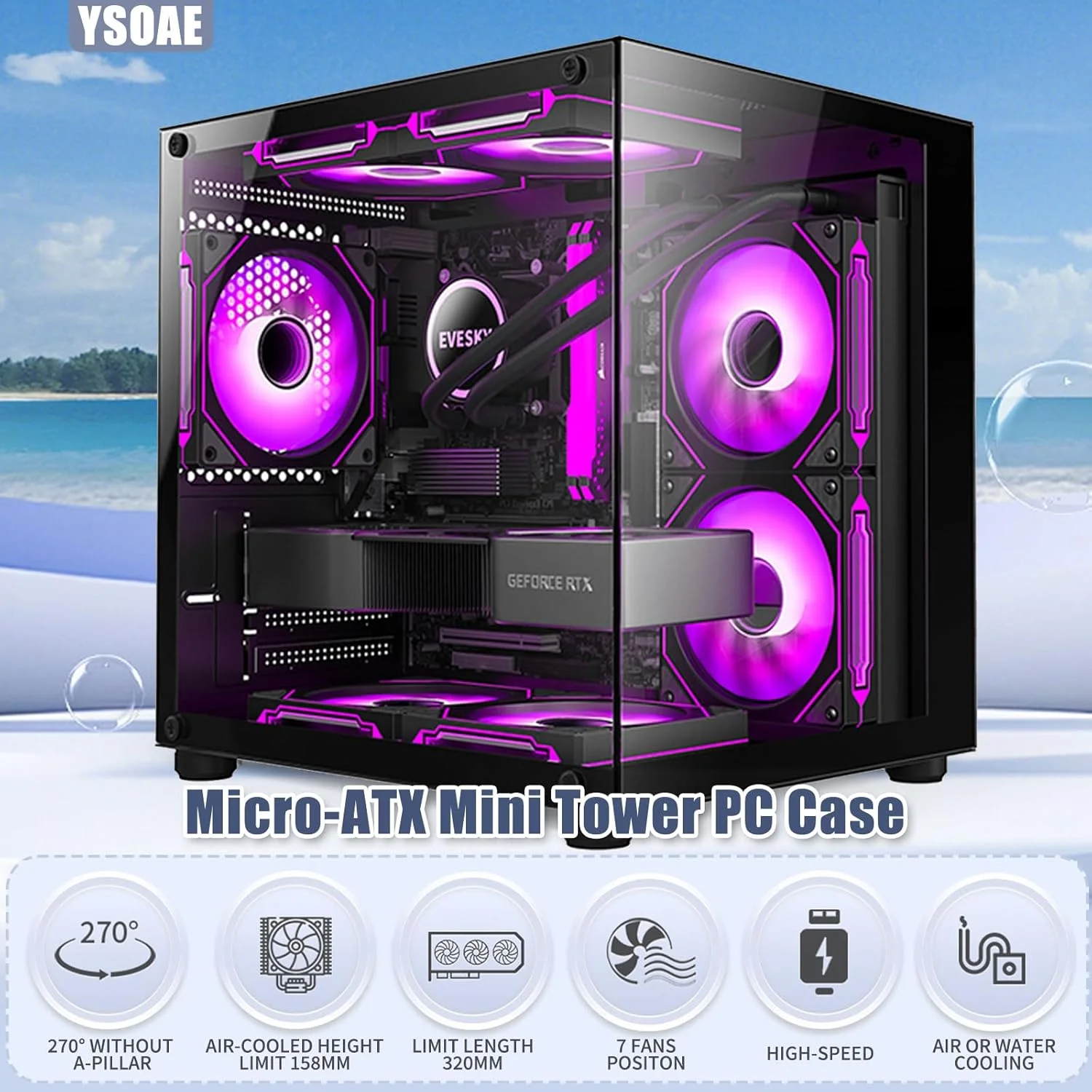 کیس کامپیوتر Mini-ITX/Micro-ATX، کیس های MINI-Tower PC، کیس برج کامپیوتر رومیزی شفاف شیشه ای کامل - فن شامل نمی شود (مشکی)