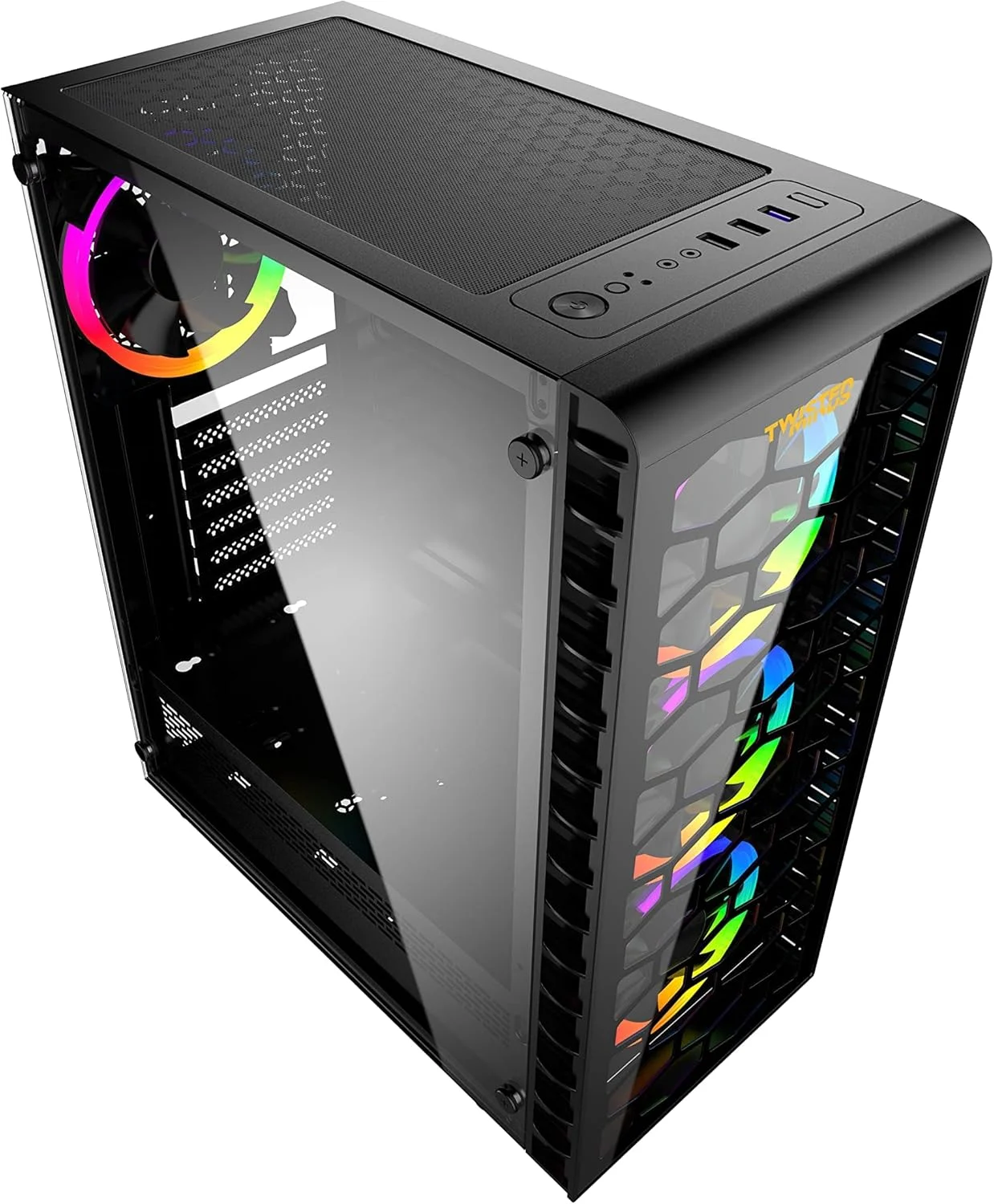 کیس کامپیوتر گیمینگ Twisted Minds Killstreak-03 ATX Mid Tower، دارای 6 فن 120 میلی‌متری ARGB LED، شامل 4 فن 120 میلی‌متری ARGB - همگام‌سازی با مادربرد، پنل جانبی شیشه‌ای حرارت‌دیده - مشکی