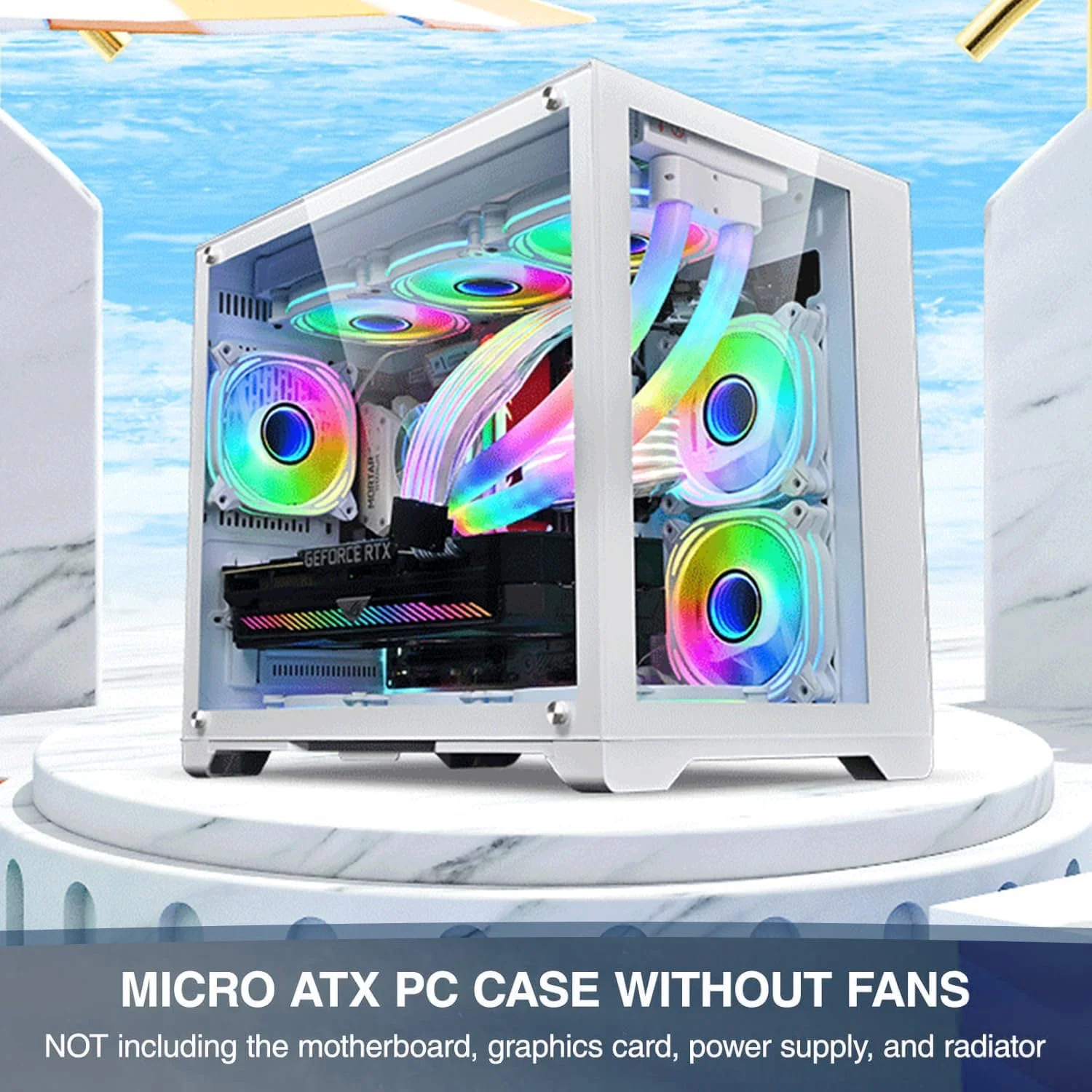 کیس کامپیوتر گیمینگ M-ATX با شیشه حرارت دیده پانوراما دو محفظه ای، پشتیبانی از رادیاتور 360 میلی متری، کیس برج کامپیوتر دو محفظه ای با جریان هوای بالا - بدون فن (سفید)