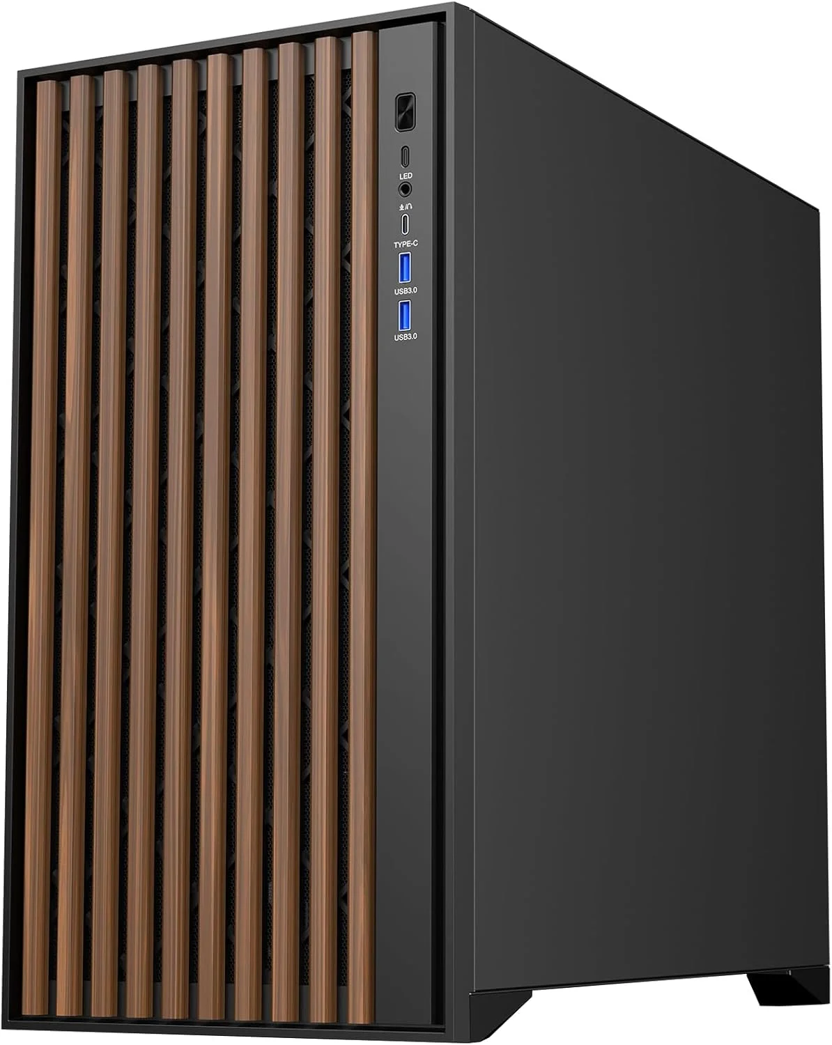 کیس کامپیوتر Itek Woody ATX، 3 عدد فن 14 سانتی‌متری مشکی، 2 عدد USB3، Type-C، پنل جلویی چوبی، پنل جانبی شیشه حرارت دیده
