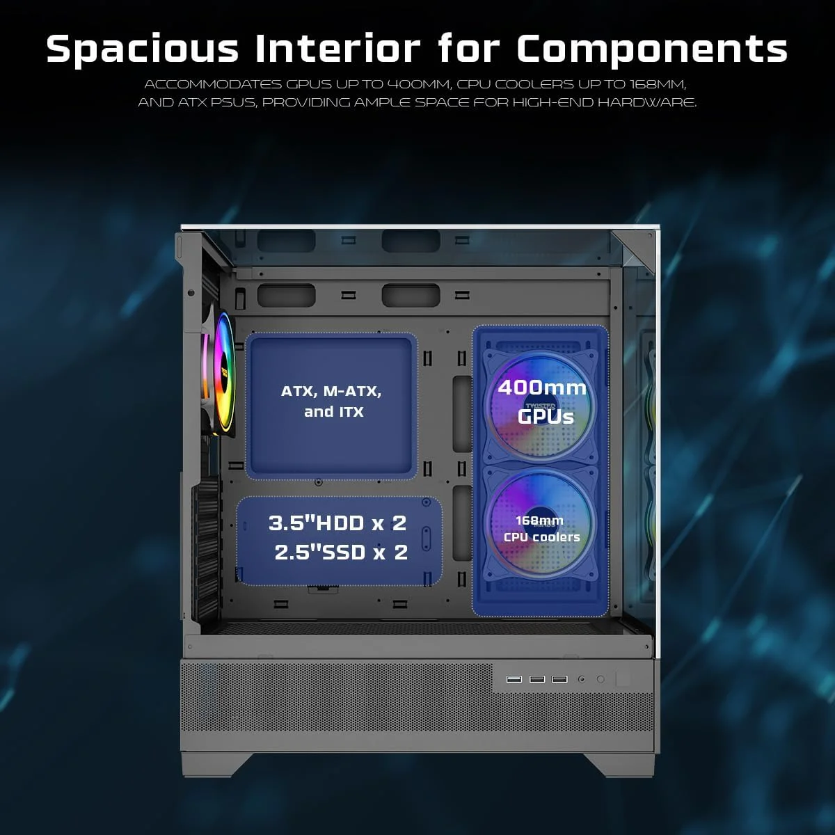 کیس گیمینگ مید تاور Twisted Minds Quantum با شیشه حرارت دیده – مشکی، پشتیبانی از ATX/MATX/Mini-ITX، دارای 3 فن از پیش نصب شده، 7 اسلات PCI، پشتیبانی از کارت گرافیک 400 میلی‌متری، فیلتر گرد و غبار مغناطیسی