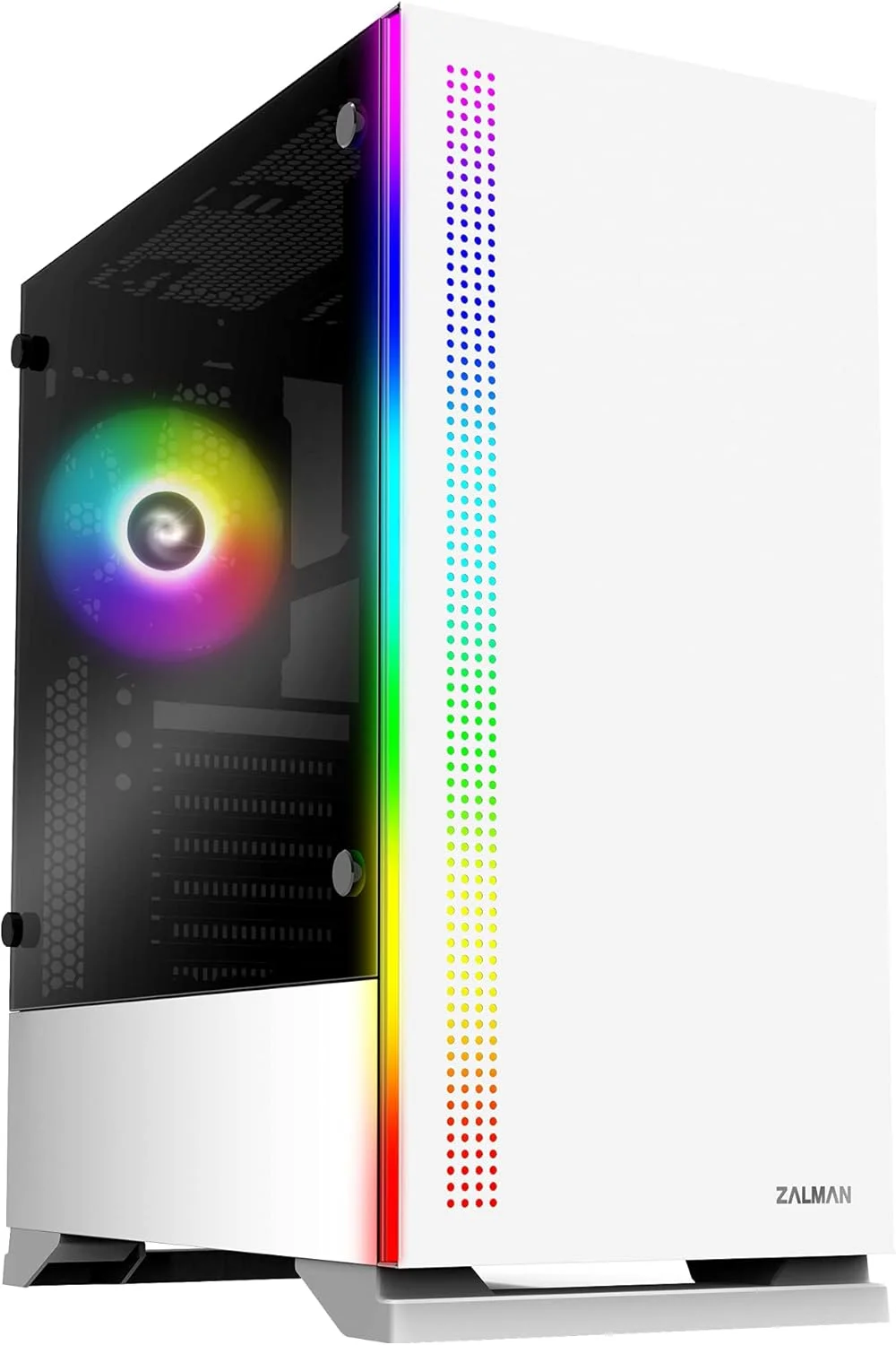کیس کامپیوتر گیمینگ مید تاور سفید رنگ Zalman S5، دارای فن RGB 120 میلی‌متری از پیش نصب شده، شیشه حرارت دیده 4 میلی‌متری در کناره، براکت خنک‌کننده مایع AIO
