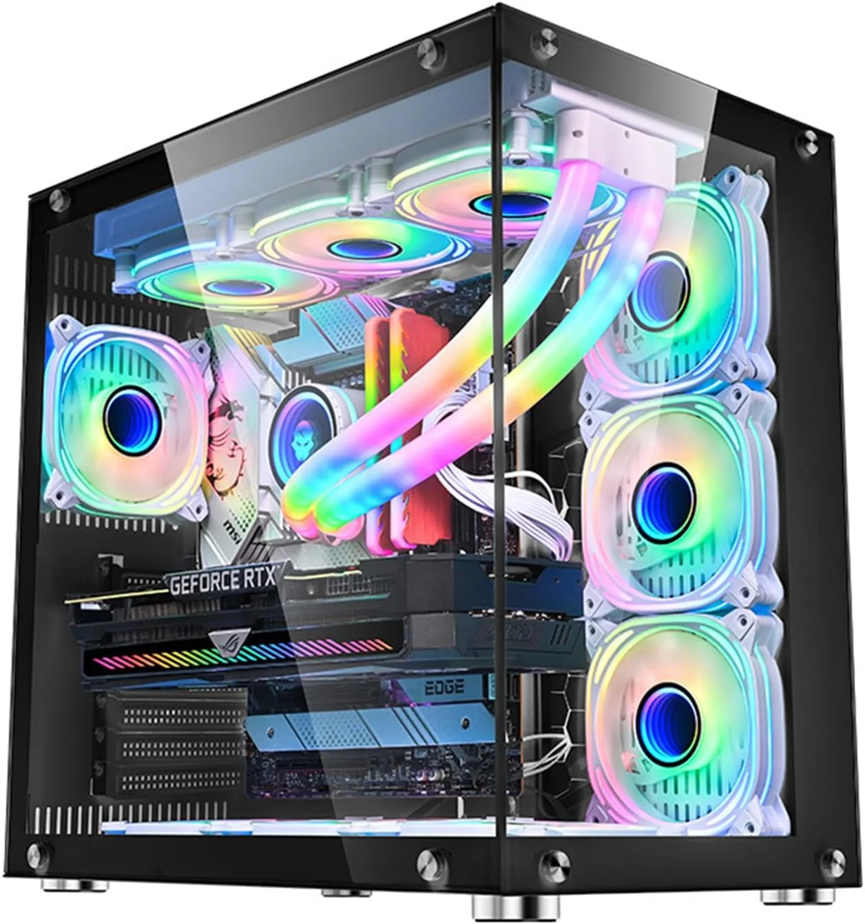 کیس کامپیوتر گیمینگ ATX، پنل های شیشه ای حرارت دیده یکپارچه 270 درجه در جلو و طرفین، پشتیبانی از رادیاتور 360 میلی متری، کیس برج کامپیوتر دو محفظه ای با جریان هوای بالا - بدون فن (مشکی)