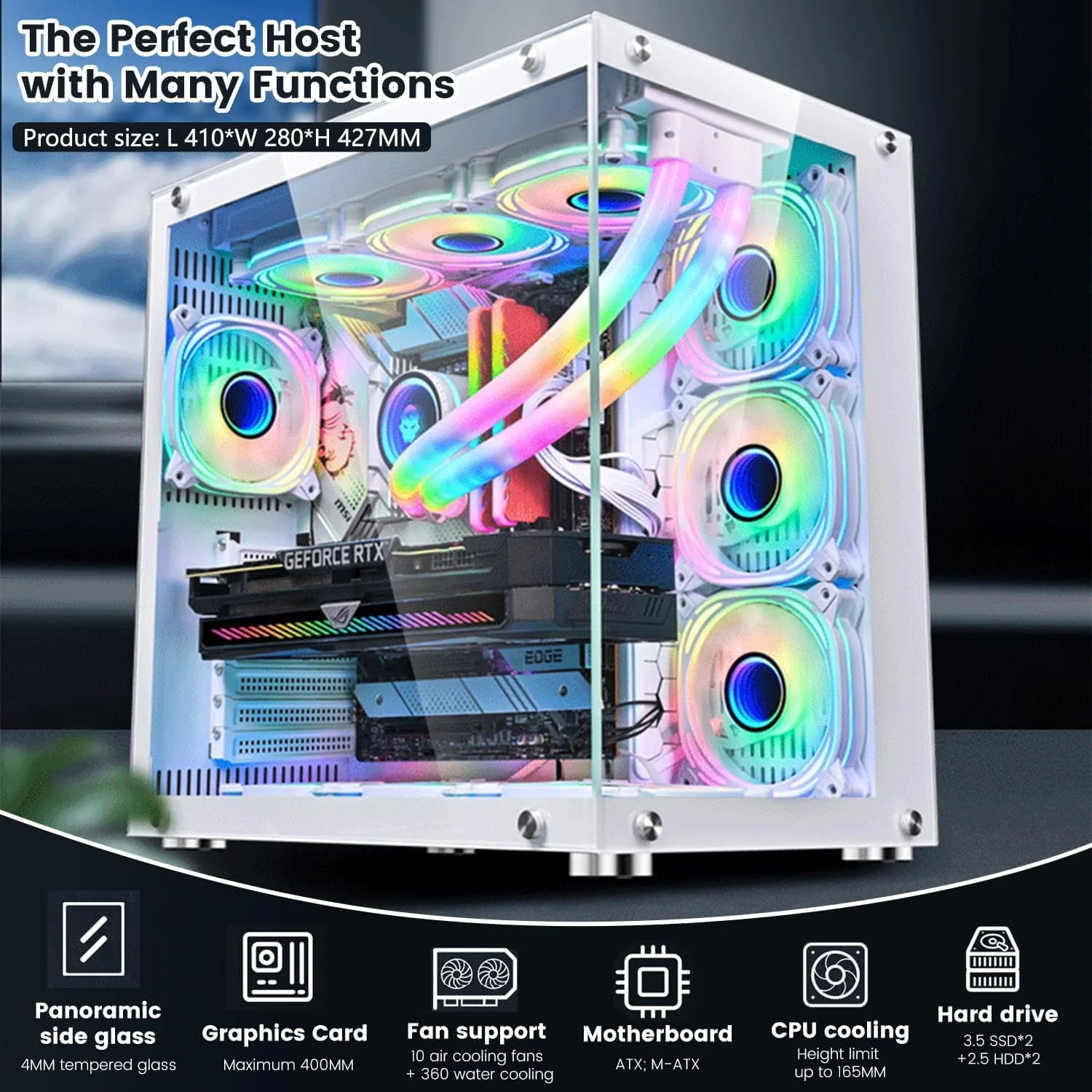 کیس کامپیوتر گیمینگ ATX مدل YSOAE با نمای کامل 270 درجه و پنل‌های شیشه‌ای حرارت دیده بدون درز در جلو و طرفین، پشتیبانی از رادیاتور 360 میلی‌متری، کیس برج کامپیوتر دو محفظه‌ای با جریان هوای بالا - بدون فن (سفید)