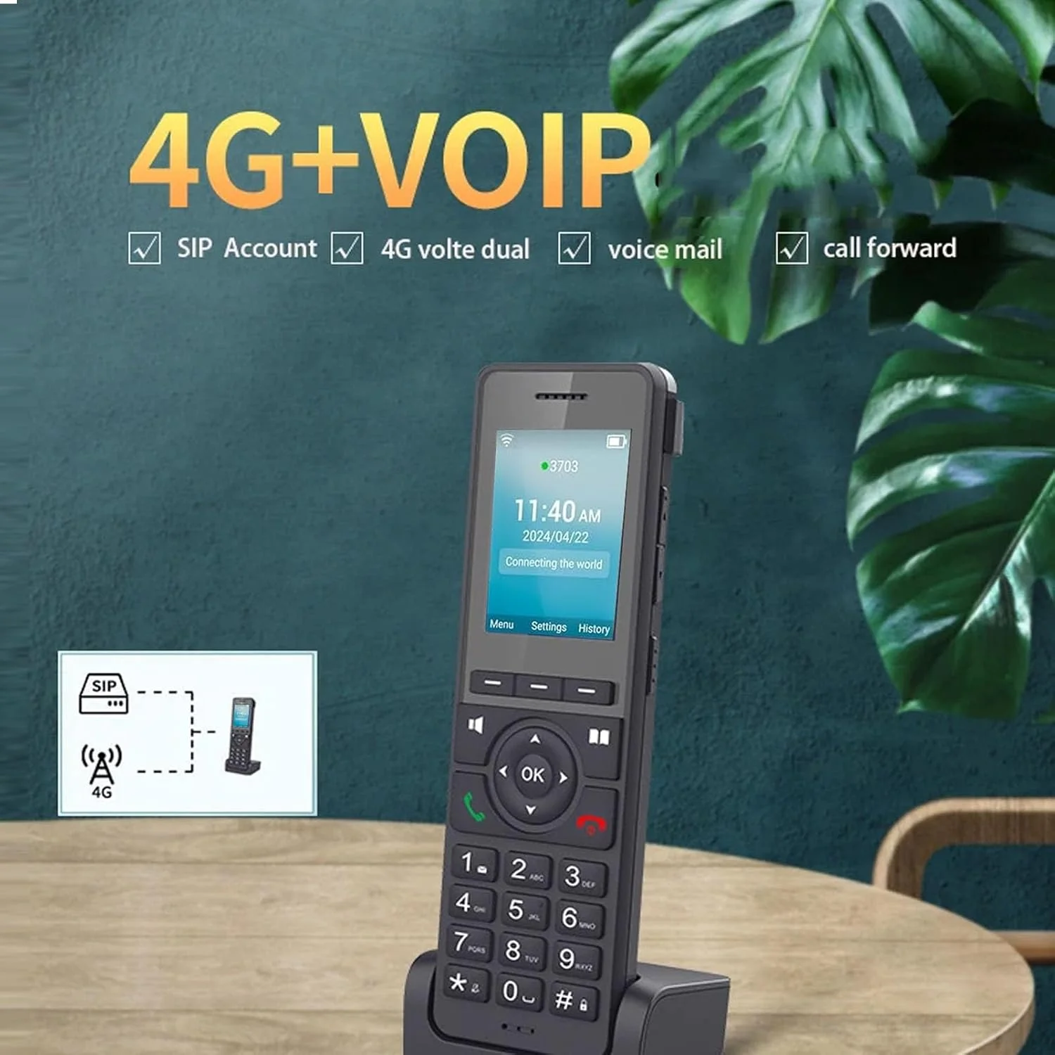 تلفن بی سیم 4G LTE GOWENIC، صفحه نمایش رنگی 2.4 اینچی با WiFi BT و 3 حساب SIP برای خدمات تلفن خانگی VoIP