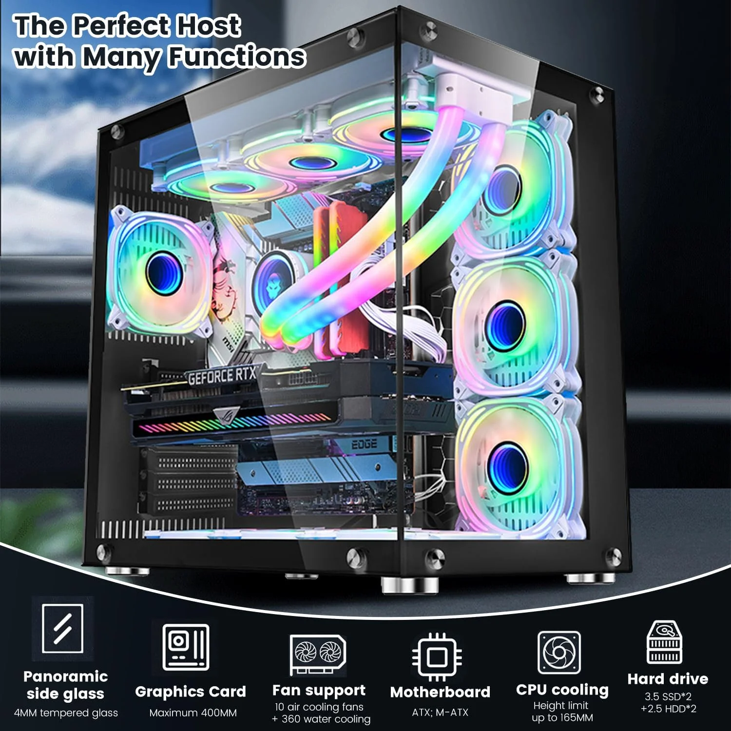 کیس کامپیوتر گیمینگ ATX، پنل های شیشه ای حرارت دیده یکپارچه 270 درجه در جلو و طرفین، پشتیبانی از رادیاتور 360 میلی متری، کیس برج کامپیوتر دو محفظه ای با جریان هوای بالا - بدون فن (مشکی)