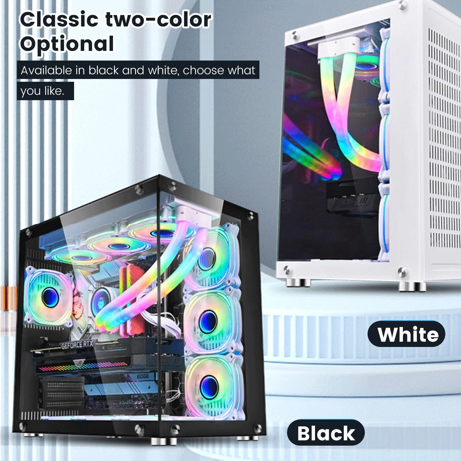 کیس کامپیوتر گیمینگ ATX، پنل های شیشه ای حرارت دیده یکپارچه 270 درجه در جلو و طرفین، پشتیبانی از رادیاتور 360 میلی متری، کیس برج کامپیوتر دو محفظه ای با جریان هوای بالا - بدون فن (مشکی)