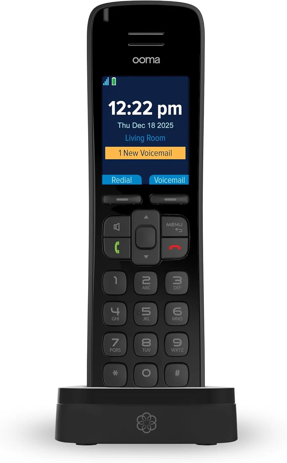 گوشی بی سیم Ooma HD3 با شناسه تماس گیرنده تصویری و کیفیت صدای HD، فقط با سرویس تلفن خانگی اینترنتی رایگان Ooma Telo VoIP کار می کند.