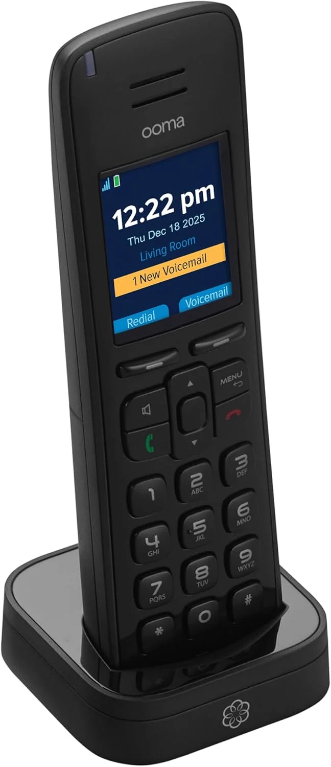 گوشی بی سیم Ooma HD3 با شناسه تماس گیرنده تصویری و کیفیت صدای HD، فقط با سرویس تلفن خانگی اینترنتی رایگان Ooma Telo VoIP کار می کند.