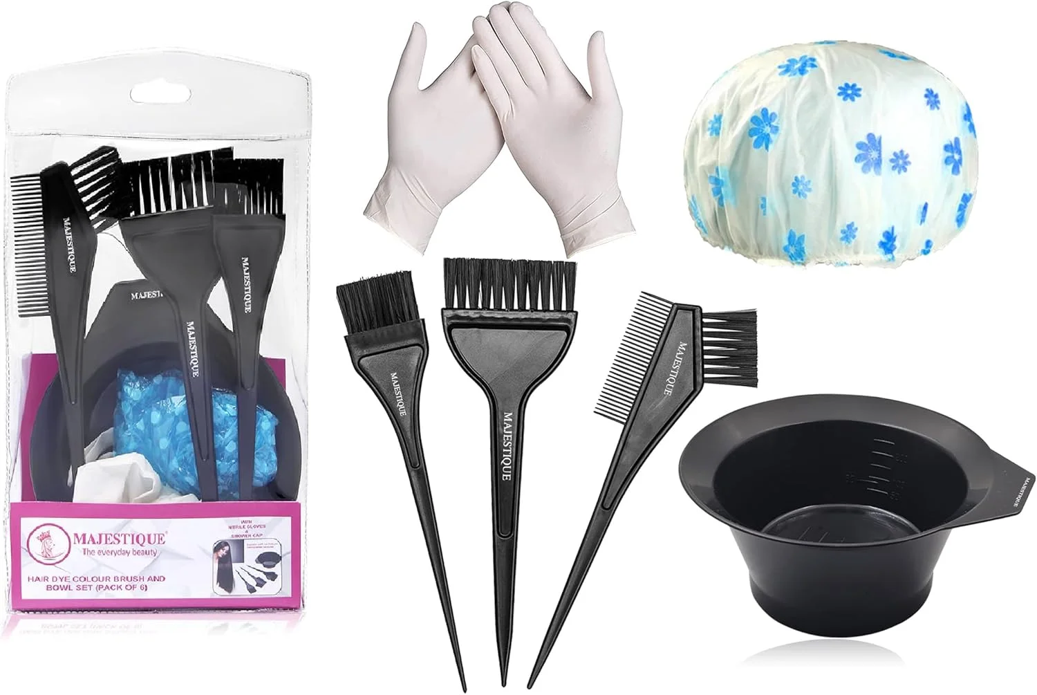 مجموعه رنگ مو 6 تکه مجستیک، کاسه رنگ مو، برس رنگ، شنل رنگ مو، دستکش برای ابزار رنگ مو سالن مجموعه رنگ مو 6 تکه مجستیک، کاسه رنگ مو، برس رنگ، شنل رنگ مو، دستکش برای ابزار رنگ مو سالن