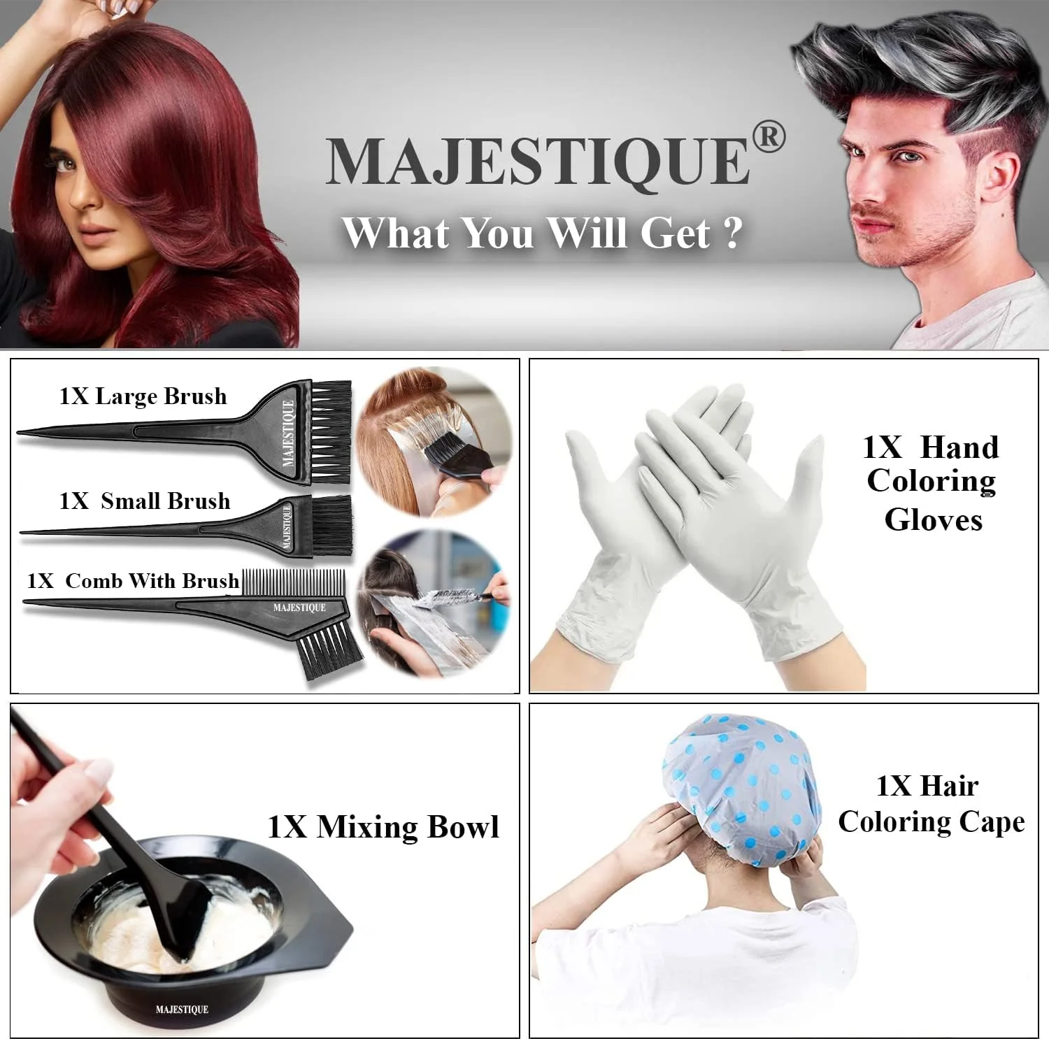 مجموعه رنگ مو 6 تکه مجستیک، کاسه رنگ مو، برس رنگ، شنل رنگ مو، دستکش برای ابزار رنگ مو سالن مجموعه رنگ مو 6 تکه مجستیک، کاسه رنگ مو، برس رنگ، شنل رنگ مو، دستکش برای ابزار رنگ مو سالن