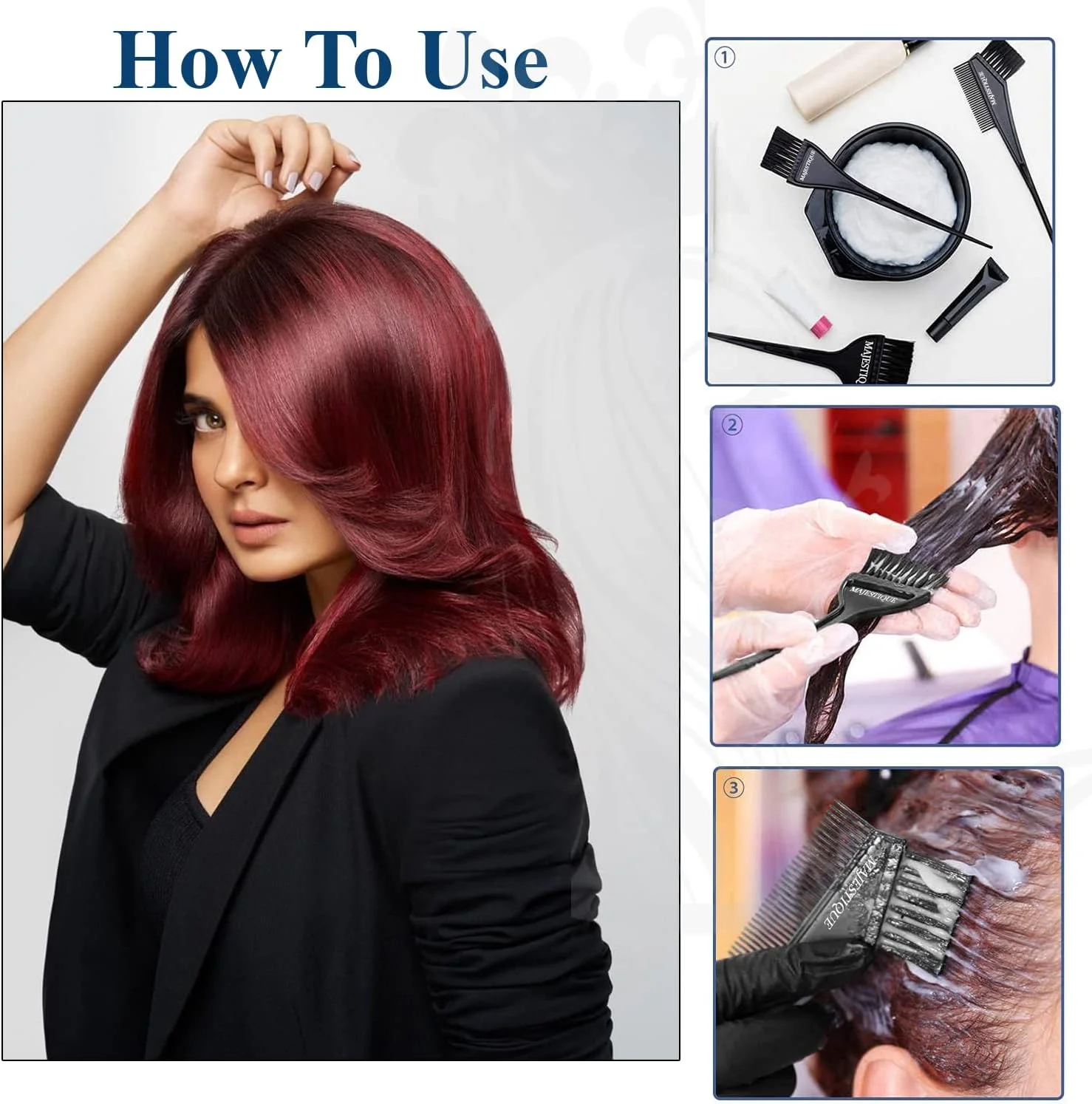 مجموعه رنگ مو 6 تکه مجستیک، کاسه رنگ مو، برس رنگ، شنل رنگ مو، دستکش برای ابزار رنگ مو سالن مجموعه رنگ مو 6 تکه مجستیک، کاسه رنگ مو، برس رنگ، شنل رنگ مو، دستکش برای ابزار رنگ مو سالن