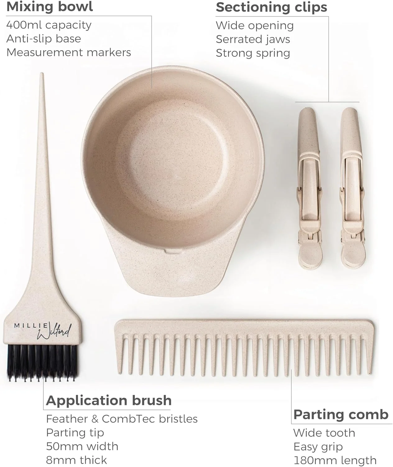 مجموعه کاسه و برس رنگ مو میلی ویلفورد - کیت ابزار رنگ آمیزی مو برای هایلایت، رنگ کردن، دکلره کردن و ترمیم ریشه در خانه، الیاف گیاهی بازیافتی (5 تکه)