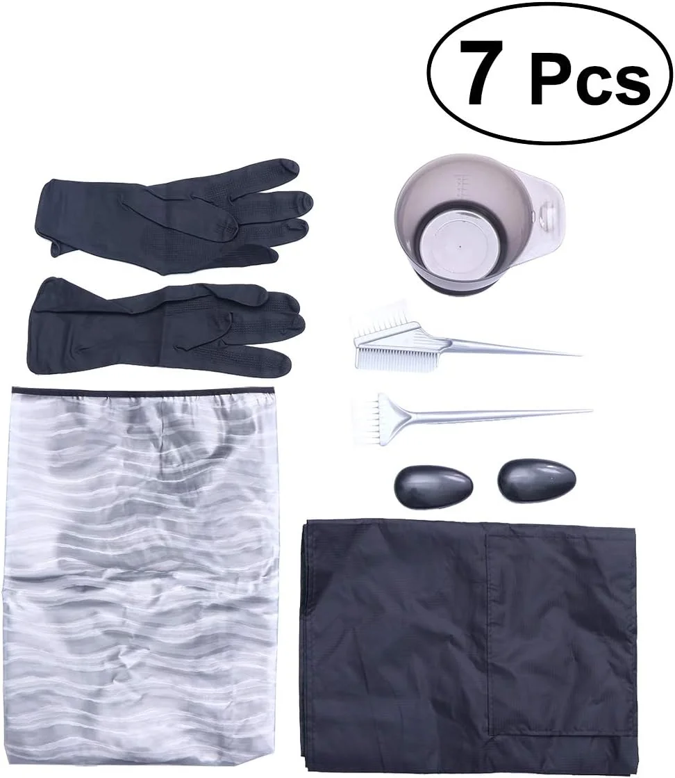 ست هفت تکه رنگ مو سالنی شامل ابزار رنگ کردن مو، مناسب رنگ کردن مو در خانه به همراه دستکش، پیش بند، کاسه رنگ، برس رنگ، شنل و پوشش گوش ست هفت تکه رنگ مو سالنی شامل ابزار رنگ کردن مو، مناسب رنگ کردن مو در خانه به همراه دستکش، پیش بند، کاسه رنگ، برس رنگ، شنل و پوشش گوش