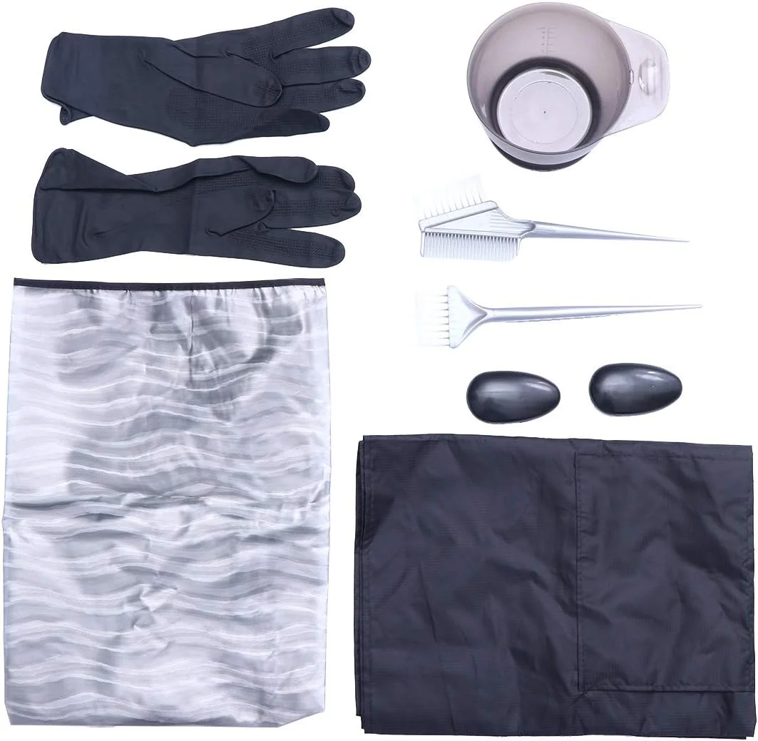 ست هفت تکه رنگ مو سالنی شامل ابزار رنگ کردن مو، مناسب رنگ کردن مو در خانه به همراه دستکش، پیش بند، کاسه رنگ، برس رنگ، شنل و پوشش گوش ست هفت تکه رنگ مو سالنی شامل ابزار رنگ کردن مو، مناسب رنگ کردن مو در خانه به همراه دستکش، پیش بند، کاسه رنگ، برس رنگ، شنل و پوشش گوش