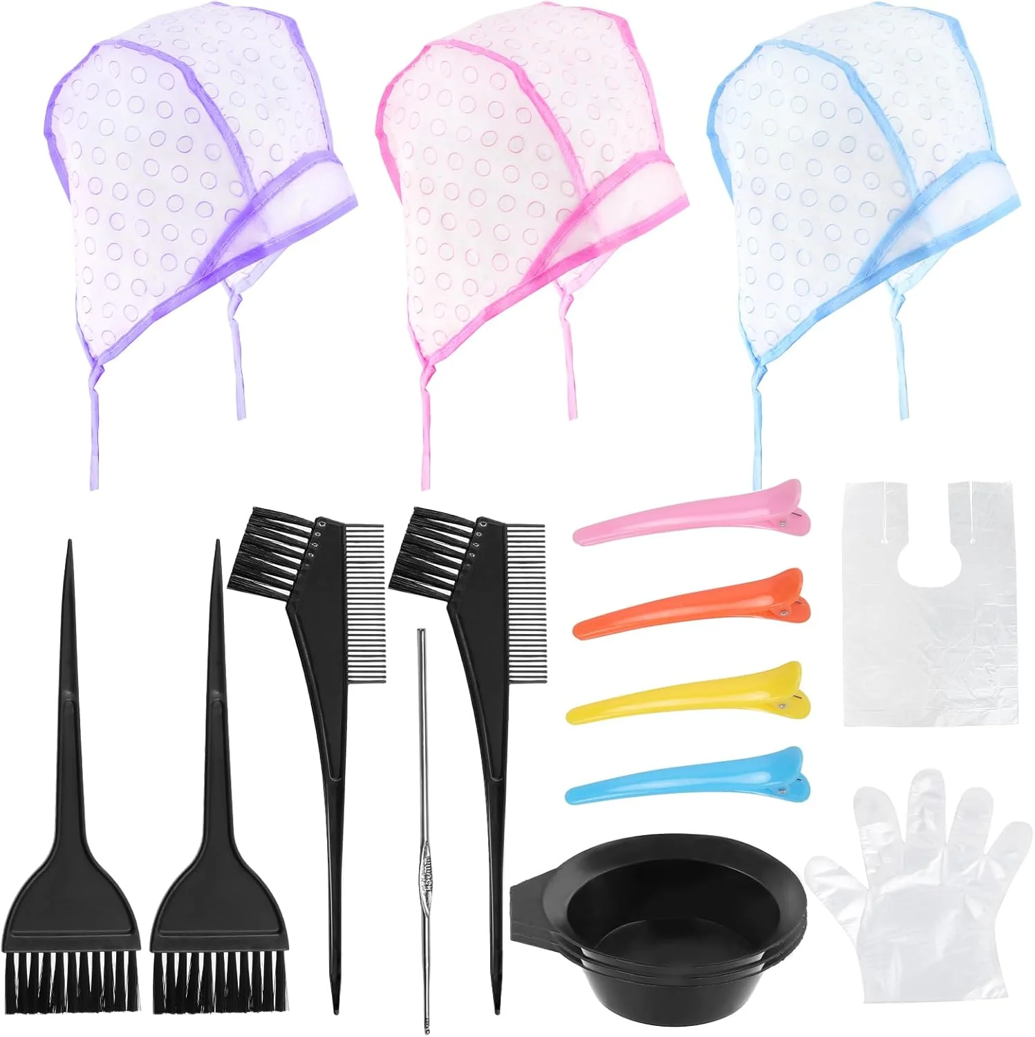 مجموعه رنگ مو 22 تکه Swpeet، شامل 3 کلاه رنگ مو PVC رنگی با ابزار حالت دهی، شال یکبار مصرف رنگ مو با دستکش، برس رنگ، کاسه مخلوط، شانه زاویه دار و گیره برای رنگ کردن مو در خانه