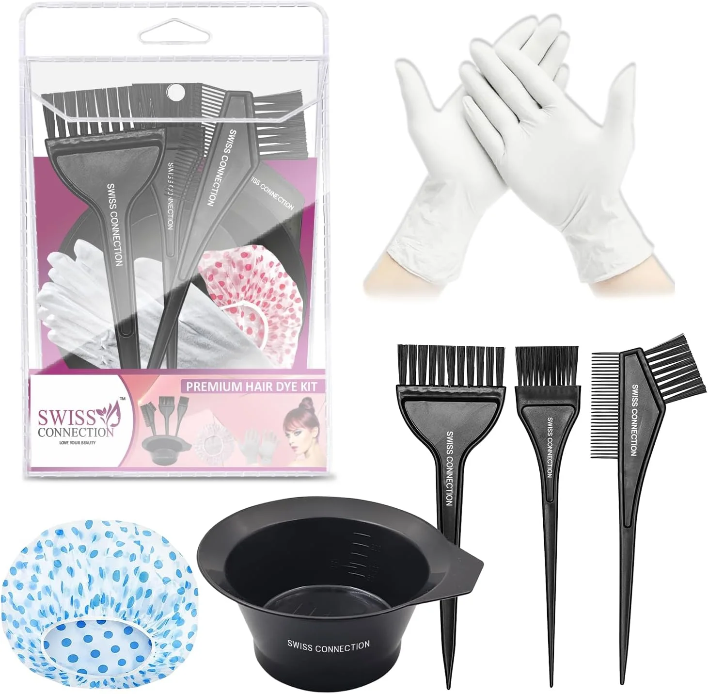 ست رنگ مو 7 تکه Swiss Connection شامل برس رنگ، کاسه رنگ مو، کلاه رنگ مو و دستکش برای ابزارهای رنگ موی سالن، ابزارهای ضروری رنگ کردن و دکلره مو (بسته 7 عددی)