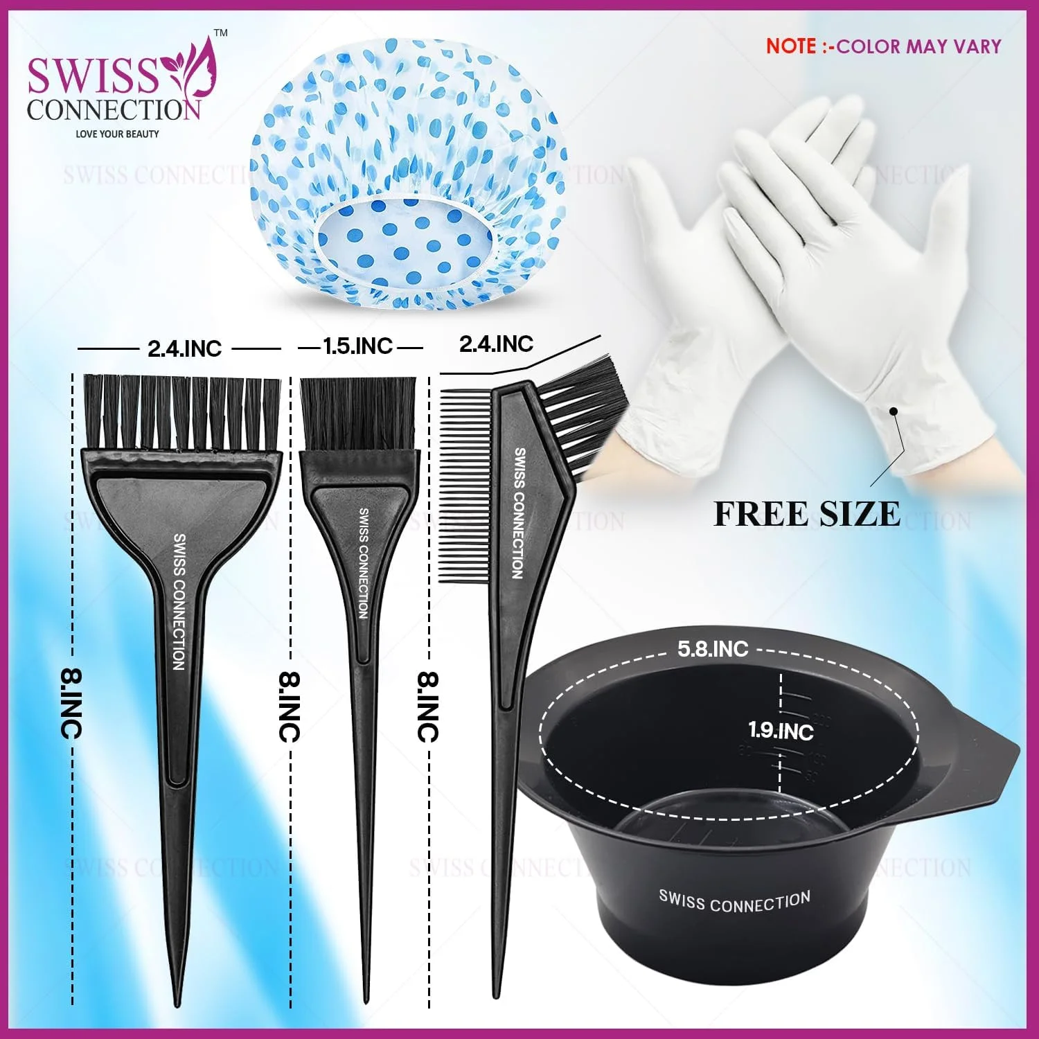 ست رنگ مو 7 تکه Swiss Connection شامل برس رنگ، کاسه رنگ مو، کلاه رنگ مو و دستکش برای ابزارهای رنگ موی سالن، ابزارهای ضروری رنگ کردن و دکلره مو (بسته 7 عددی)