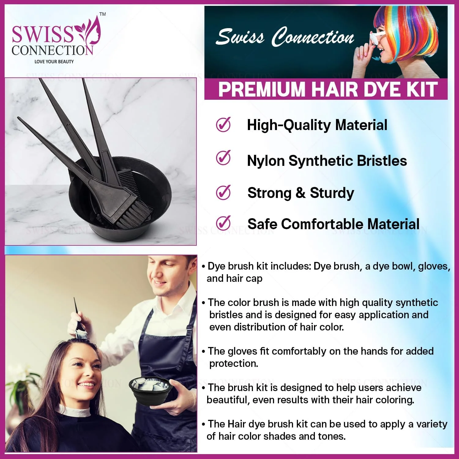 ست رنگ مو 7 تکه Swiss Connection شامل برس رنگ، کاسه رنگ مو، کلاه رنگ مو و دستکش برای ابزارهای رنگ موی سالن، ابزارهای ضروری رنگ کردن و دکلره مو (بسته 7 عددی)