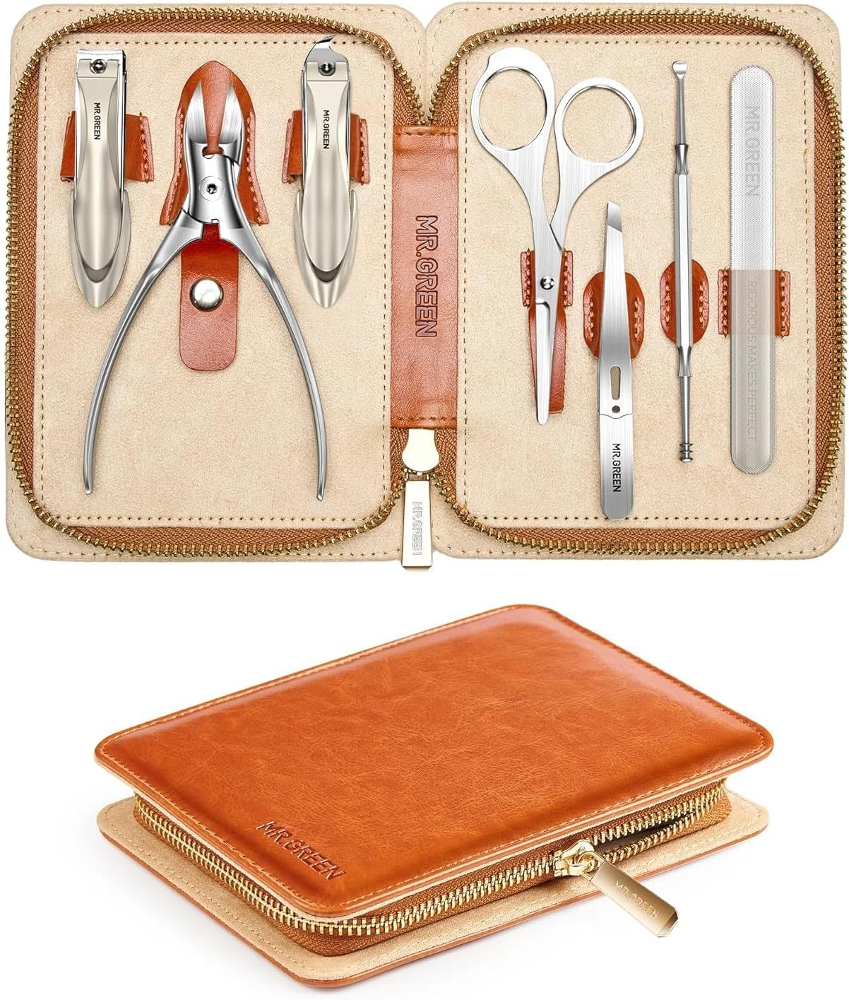 ست مانیکور MR.GREEN، ست ناخن گیر استیل ضد زنگ آلمانی با طراحی ضد پاشش، کیفیت بالای ناخن گیر انگشتان دست و پا، ابزار حرفه ای مراقبت شخصی با کیف چرمی نفیس برای آقایان و بانوان